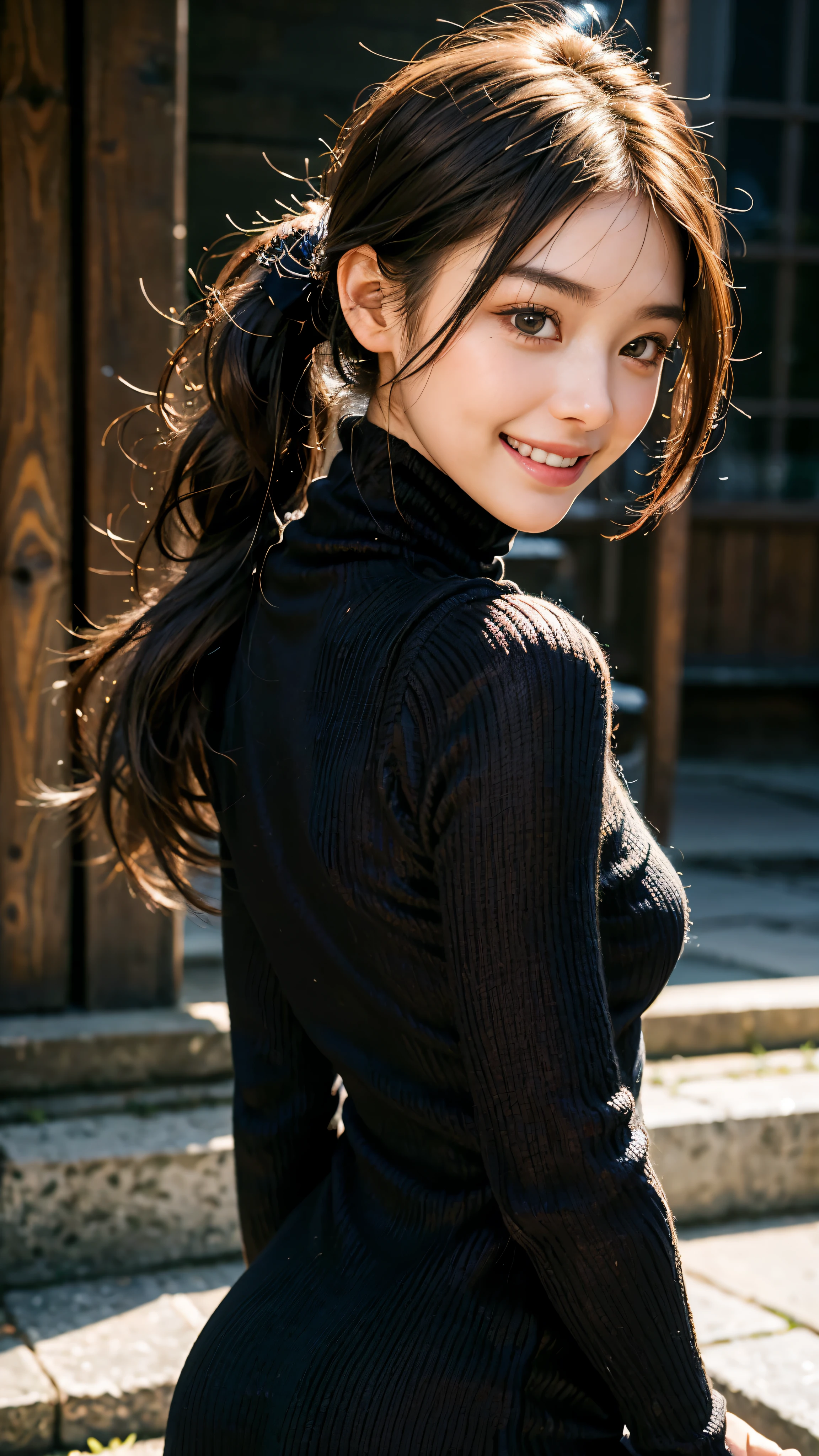 highest quality, masterpiece, ultra high resolution, (realistic:1.4), (close portrait) RAW photo, 1 girl, 22 years ago, (((Black Turtleneck Open Back Knit Dress Black))), masterpiece, realistic pictures, japanese pictures, fuji negative film, saturation, contrast, Pocari Sweat Advertisement ((small breasts)),((smile showing teeth)),long hair top ponytail,brown hair,