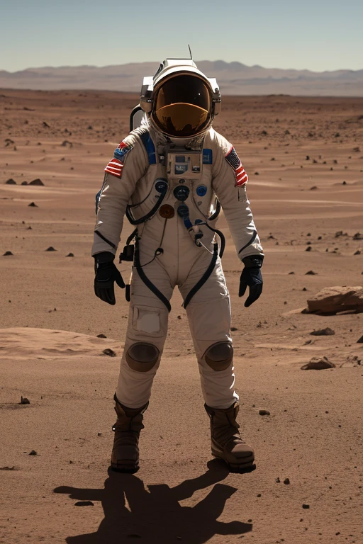 Different photo angles, Variados, Fotografia Distante, Create an impressive atmosphere in which an ASTRONAUT is walking around holding devices that analyze the Martian soil. Sober setting on the planet Mars. The astronaut observes an alien humanoid very close to him 
