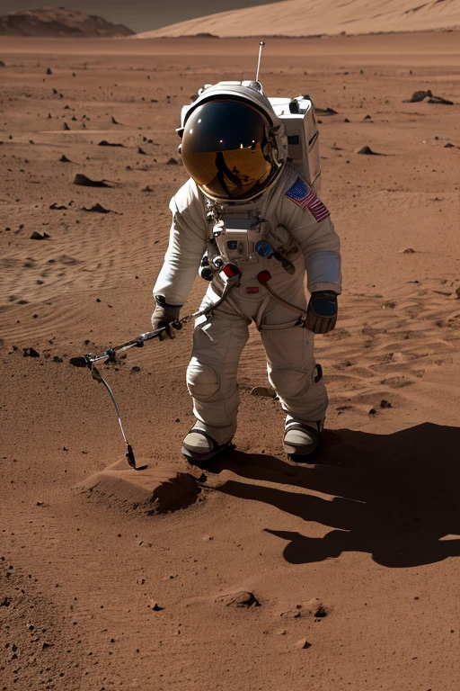 Different photo angles, Variados, Fotografia Distante, Create an impressive atmosphere in which an ASTRONAUT is walking around holding devices that analyze the Martian soil. Sober setting on the planet Mars. The astronaut observes an alien humanoid very close to him