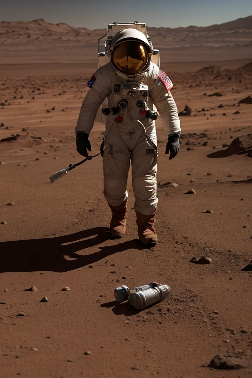 Different photo angles, Variados, Fotografia Distante, Create an impressive atmosphere in which an ASTRONAUT is walking around holding devices that analyze the Martian soil. Sober setting on the planet Mars. The astronaut observes an alien humanoid very close to him