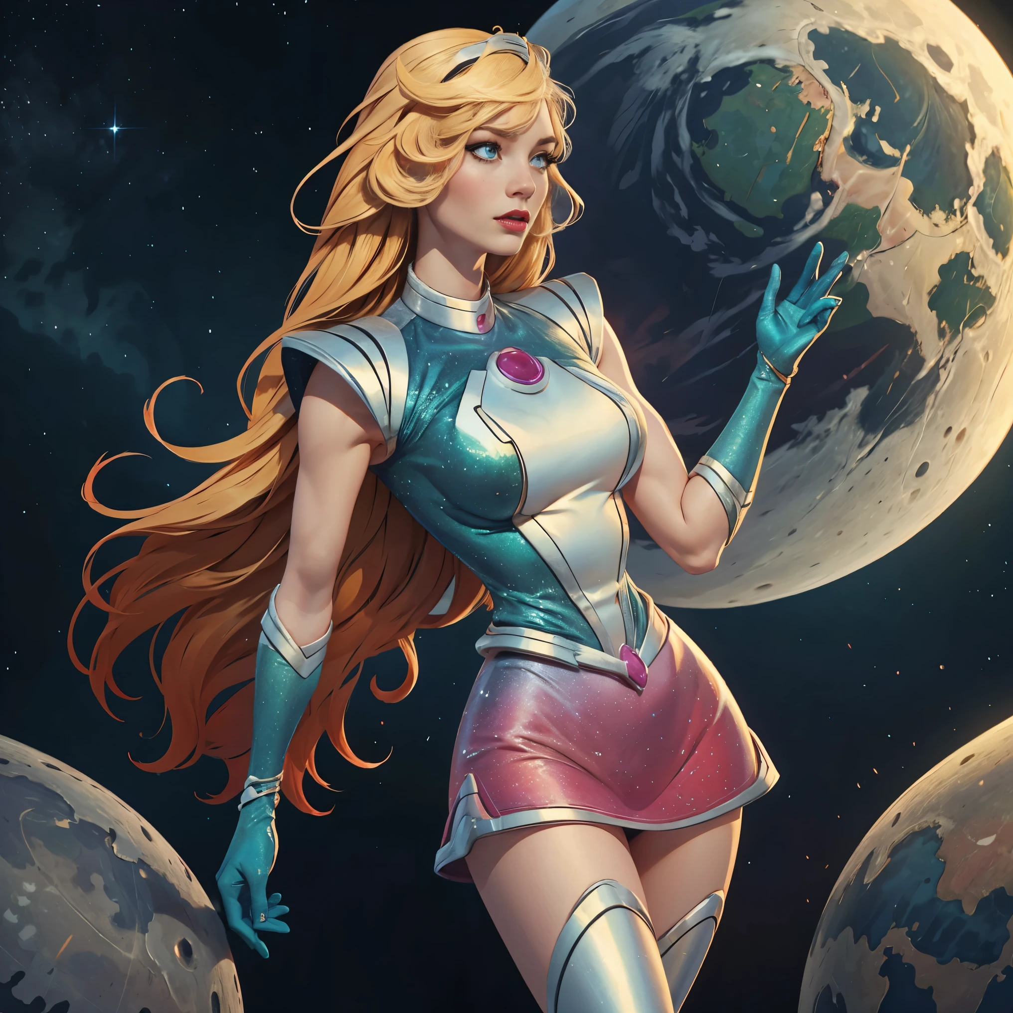 We can see Planet Earth on the sky from the Surface of the Moon. Beautiful nude woman with massive breasts. The breasts are not covered by anything. Red full lips. full body view. Sexy blonde hyper realistic model with well detailed green eyes, thin face. shiny blue stockings. Woman is standing on the moon