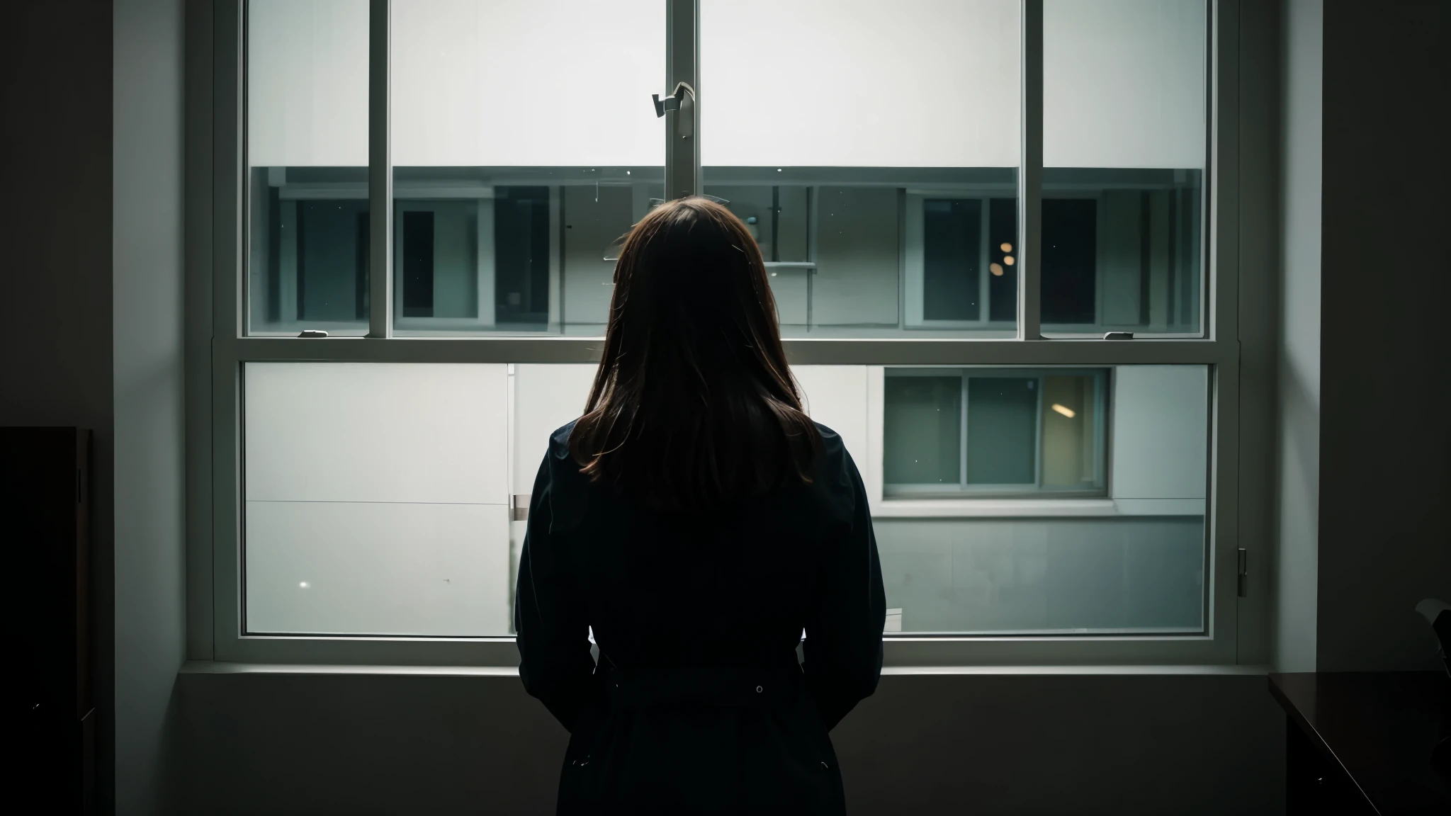 image of woman standing on the other side of the windows and looking through the window, during night