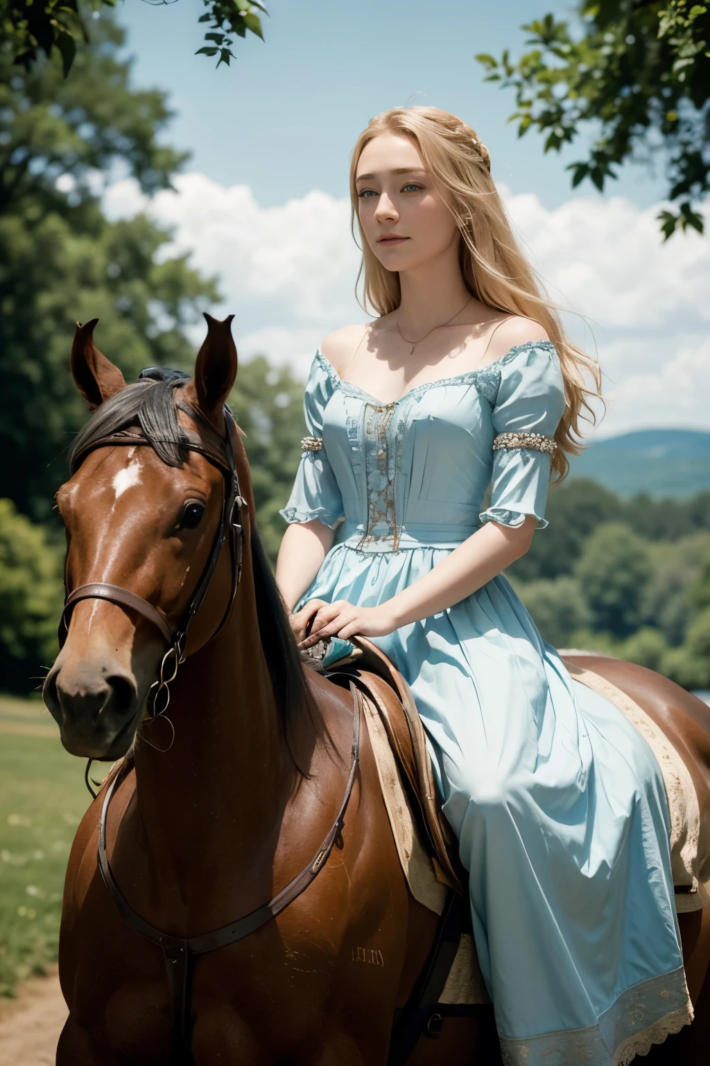 blonde woman with clear blue eyes, twenty years, saoirse ronan, with jewels, in a regency dress, happy, 1814, princess riding a horse, royal, woman riding a horse, horse