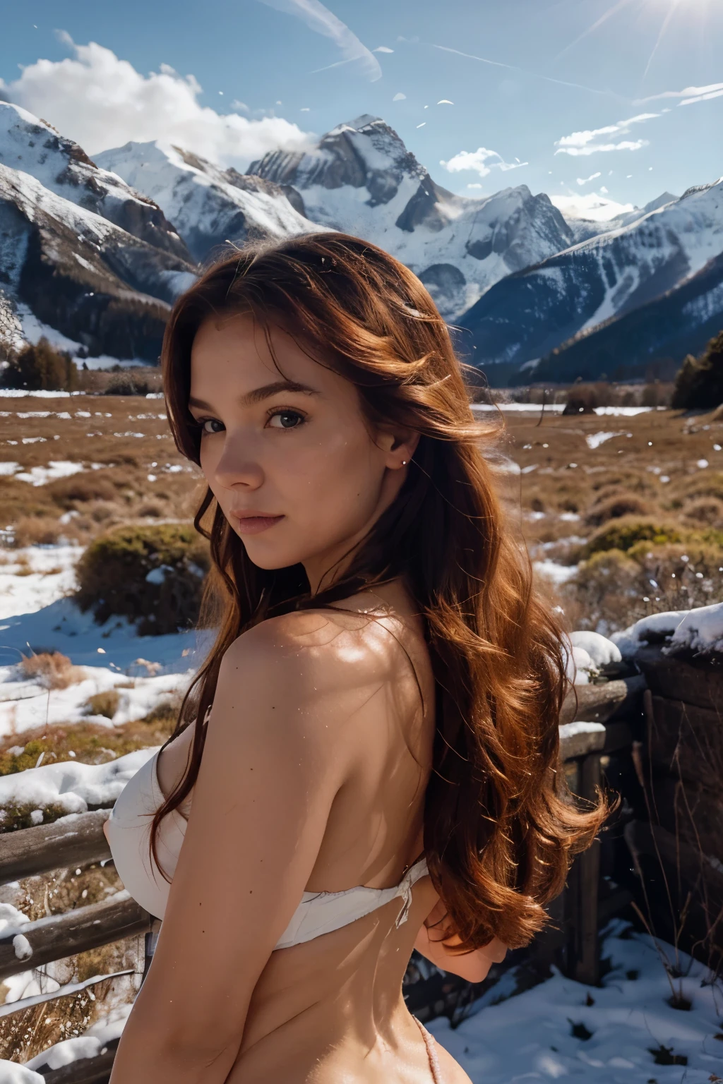uma fotografia de uma mulher ruiva com cabelos varridos pelo vento, her hair tangled like flames against a sunlit sky with snowy mountains in the background, emanating indomitable beauty