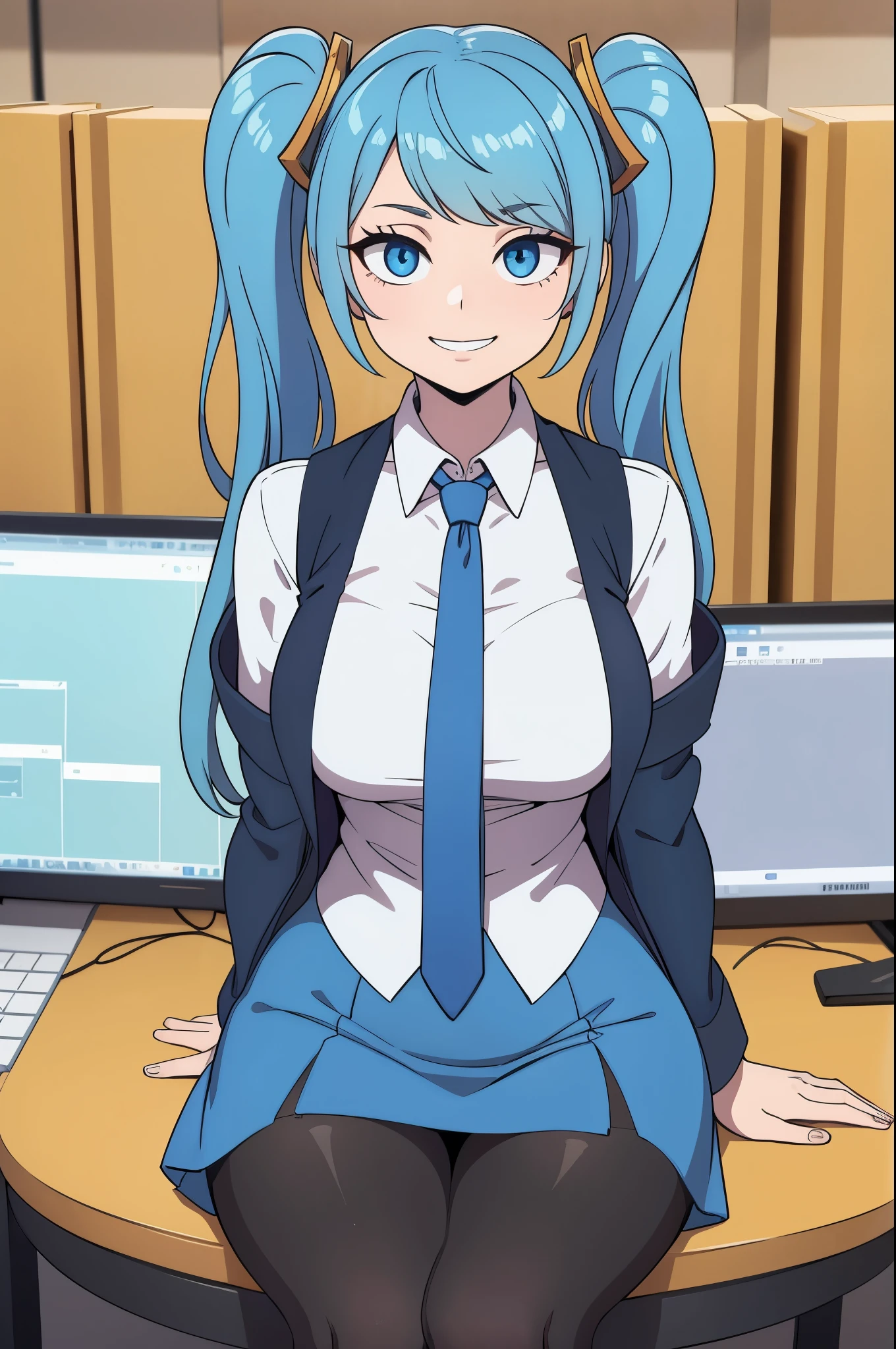 masterpiece, best quality, ultra-detailed, illustration, colorful, flat color, depth of field, 1girl, sona buvelle, anime, sitting, blue hair, twintails, blue eyes, looking at viewer, at office, white shirt, blue tie, blue skirt, blue jacket, pantyhose, black pantyhose, detailed skin texture, detailed cloth texture, beautiful detailed face, seductive grin