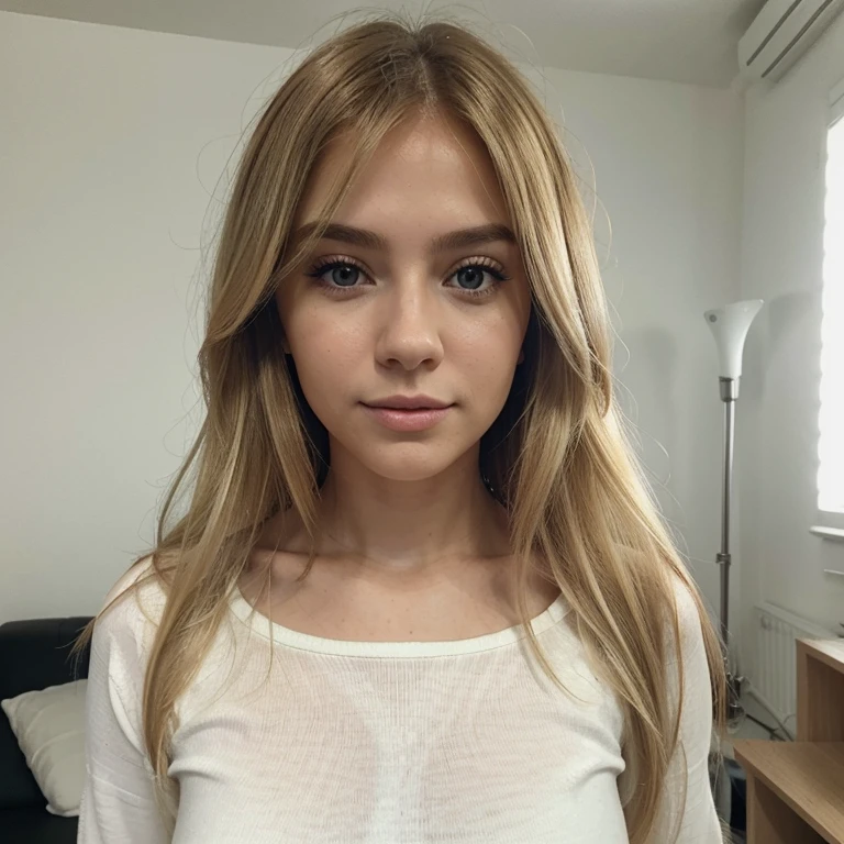 A 23-year-old blonde woman, ((pechos grandes)), ((hiperrealismo)) ,. blonde hair with light brown roots. cabello rubio, Hair with brown roots, cabello extra largo, cabello muy largo, Cabello muy largo, hermoso, perfil, Foto tomada con iPhone 15 pro, alta calidad, ojos verdes, labios carnosos, defocused white room background, con pijama (preparada para dormir) extremadamente detallado