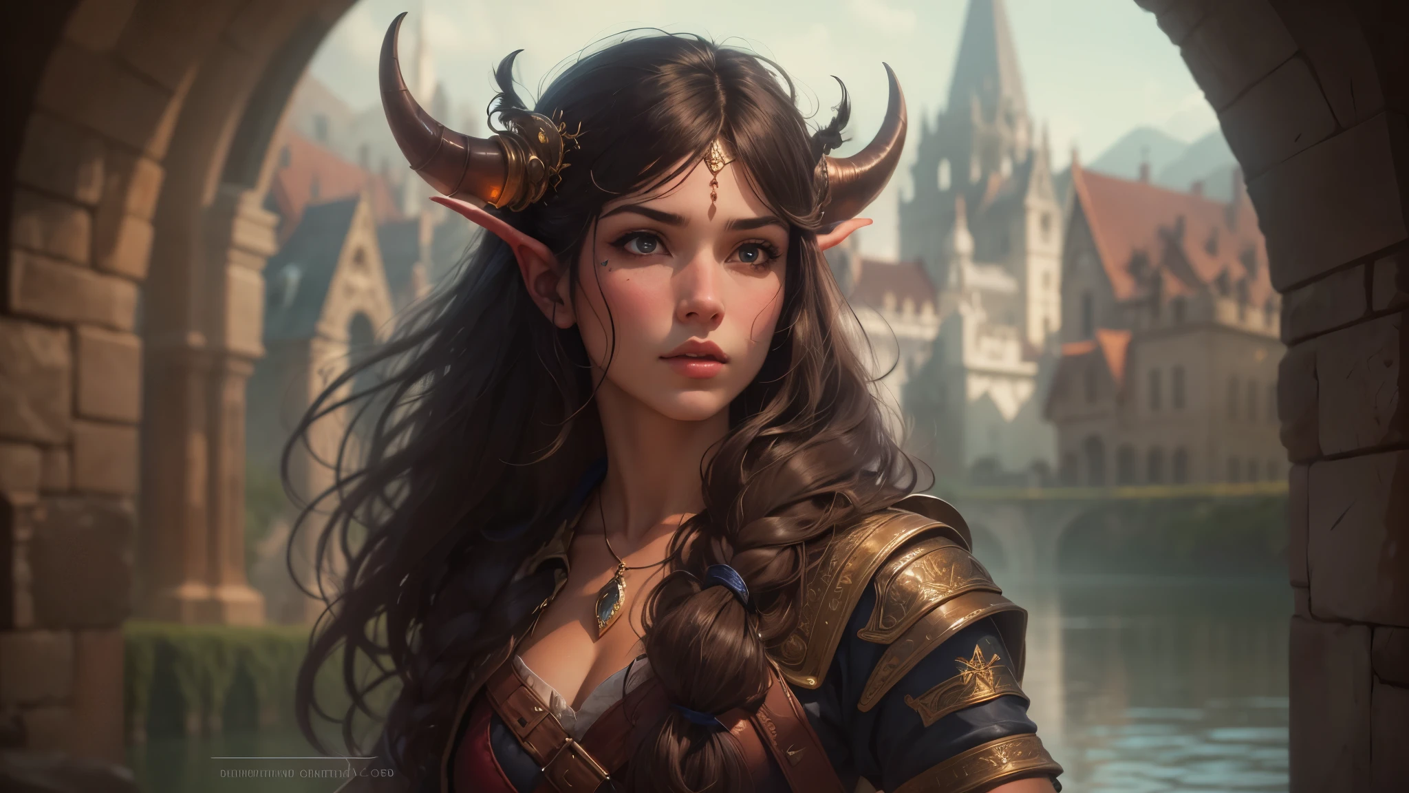 A tiefling brunette with long hair with bangs, Realistic, many details, Medieval fantasy theme, full body, princess face, body set. Reflection light, high details, best quality, 16k, [ultra detailed], masterpiece, best quality, (extremely detailed), close up, ultra wide shot, photorealistic, RAW, fantasy art, dnd art, fantasy art, realistic art