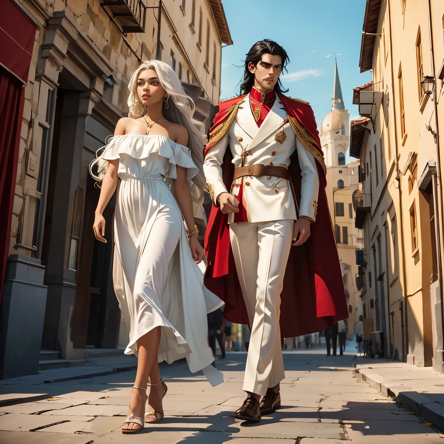 Generate a high-quality image depicting a tall, young man with pale skin, straight black hair flowing to his shoulders, and Italian facial features. He has a masculine nose, thick eyebrows, is clean-shaven, and is adorned in a red and white Mediterranean-inspired ensemble with military embellishments, including a red cape and distinctive footwear.