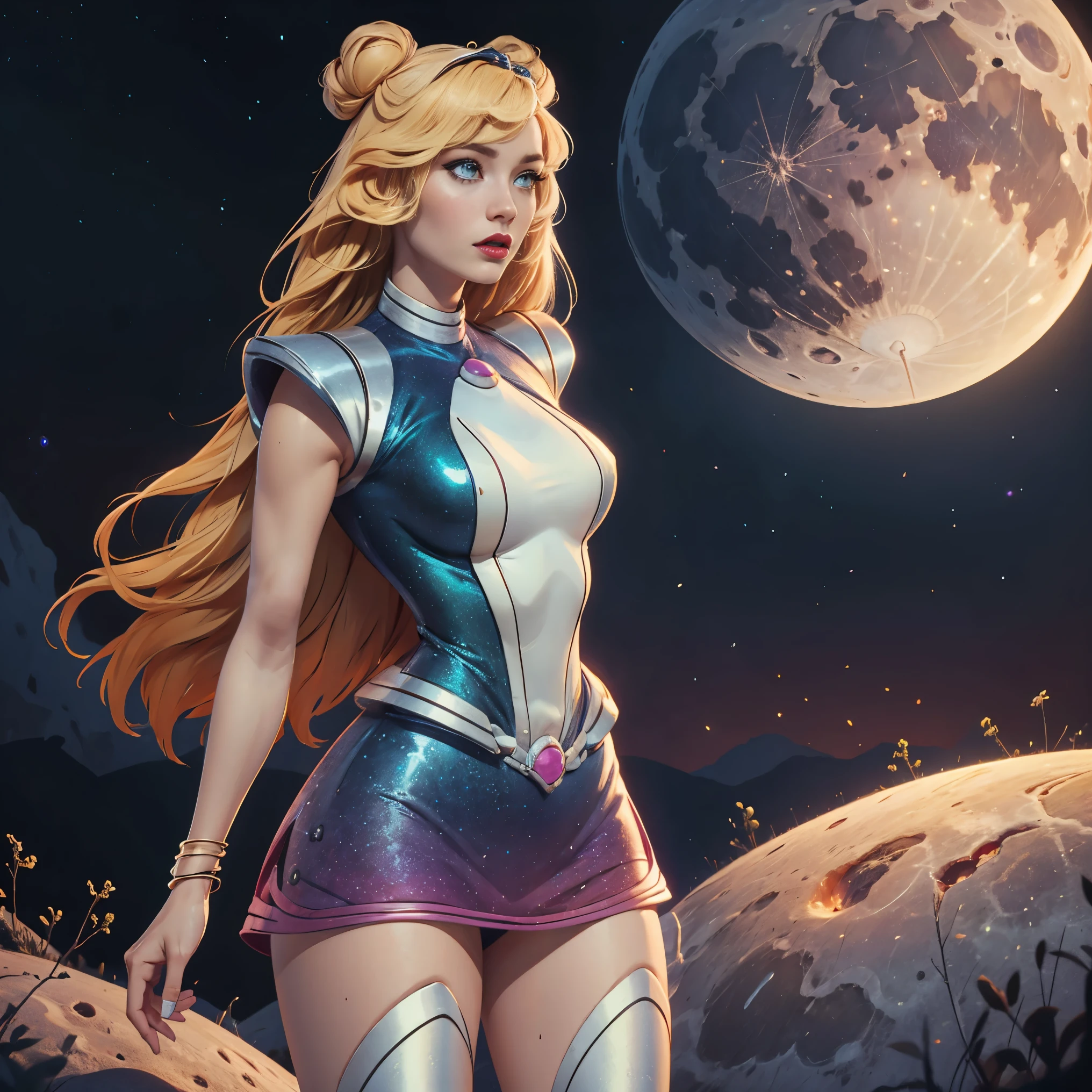 We can see Planet Earth on the sky from the Surface of the Moon. Beautiful nude woman with massive breasts. The breasts are not covered by anything. Red full lips. full body view. Sexy blonde hyper realistic model with well detailed green eyes, thin face. shiny blue stockings. Woman is standing on the moon