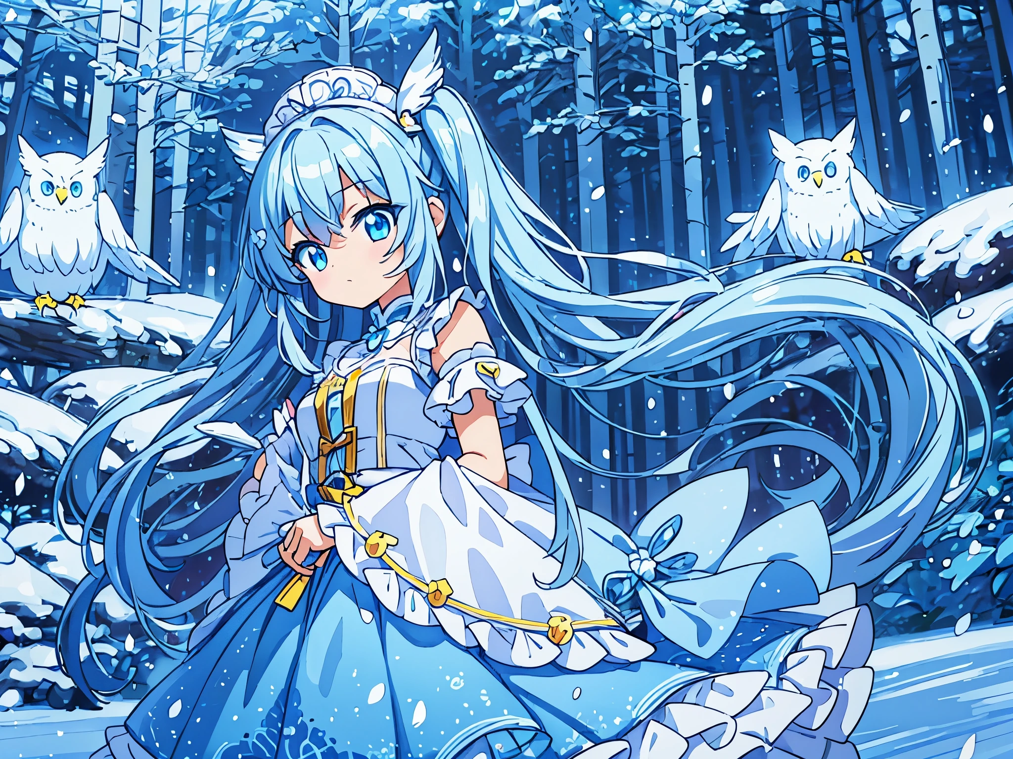light blue long hair、twin tails、A pure white owl is watching over you、In the snowy forest、anime moe art style,cute lolita costume、 Cute girl anime visual, small change girl, anime food, small curvy change, change, cute anime girl, Best Anime 4K Kona-chan Wallpaper, everyone, anime style 4k, Also, pixiv