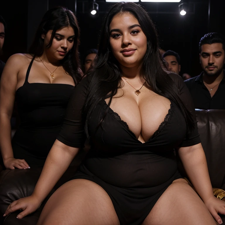 Chubby fat bbw nerdy latina young woman (20 years old), chubby belly, long straight black hair, wearing sexy black dress, Golden necklace,man hugging from behind, ((french kissing)), sitting in dark room sofa,with several tall men, 4 men, in nigth  club, dark lights, smiley expression