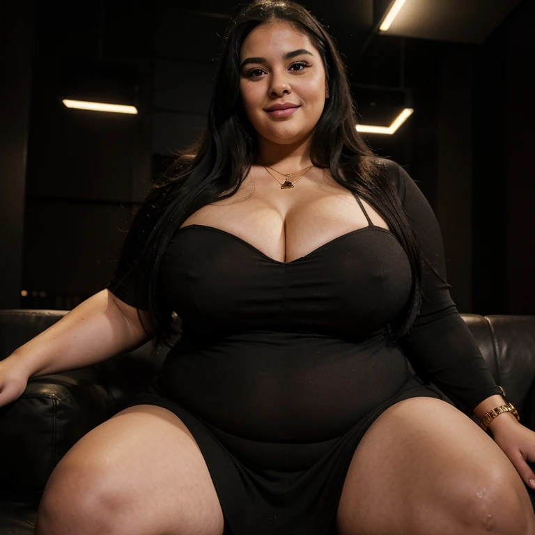 Chubby fat bbw nerdy latina young woman (20 years old), chubby belly, long straight black hair, wearing sexy black dress, Golden necklace,man hugging from behind, ((french kissing)), sitting in dark room sofa,with several tall men, 4 men, in nigth  club, dark lights, smiley expression