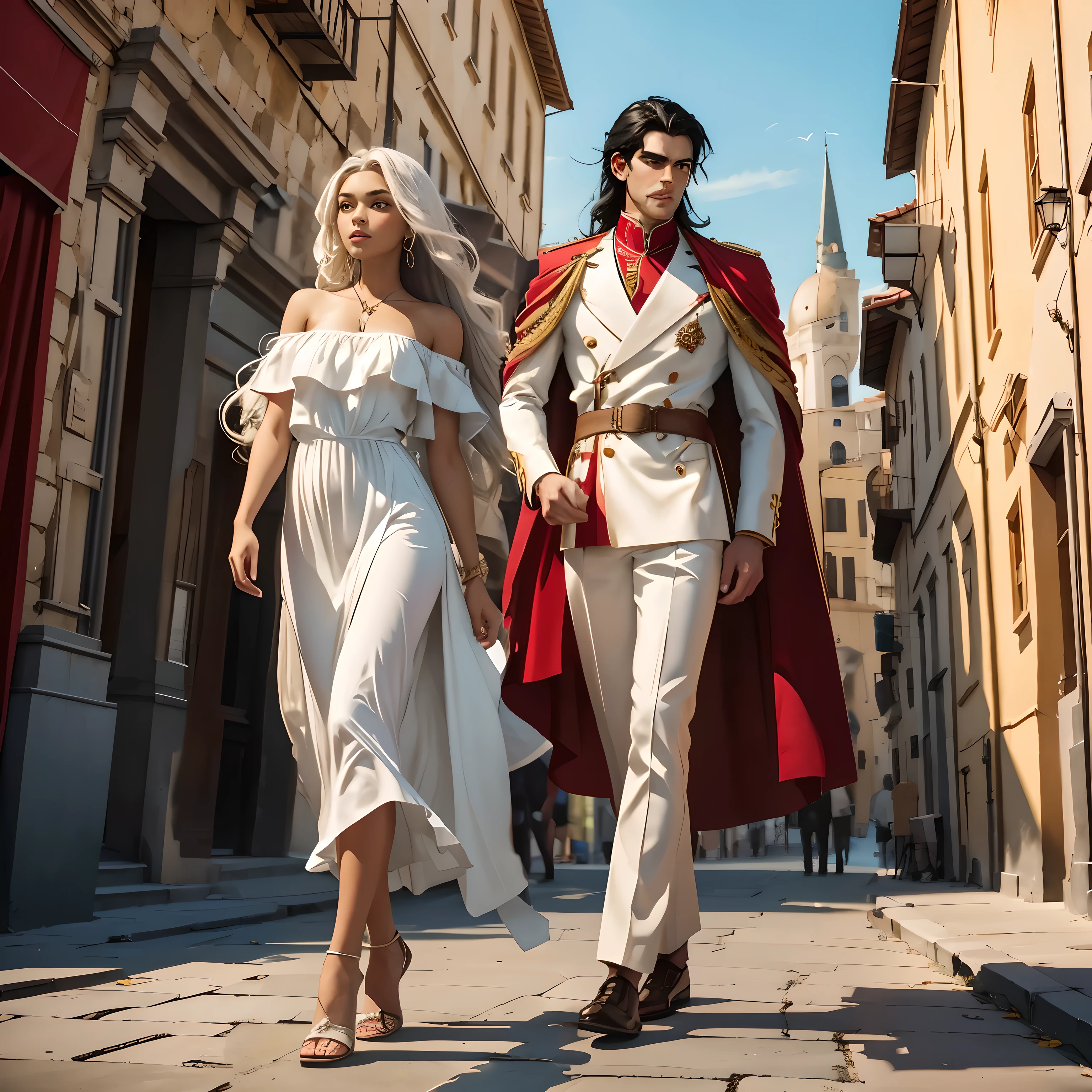 Gere uma imagem de alta qualidade representando uma pessoa alta, Young man with pale skin, straight black hair flowing to the shoulders, and Italian facial features. Ele tem um nariz masculino, sobrancelhas espessas, is shaved, and is adorned in a Mediterranean-inspired red and white ensemble with military embellishments, including a red cape and distinctive footwear.