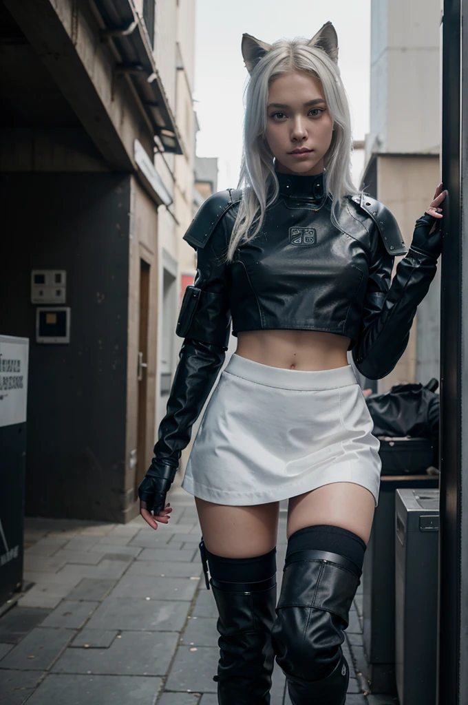  girls in anime style, langes blondes haar, elfen ohren, elfen ohren, spitzen elfen ohren, sweet nose, blaue augen, white mini skirt, knee socks, military sci-fi boots, cyberpunk upper body armor, sniper rifle on the back, Riding on a cyber wolf wearing cyber armor, mit einem wolf, in the desert, schaut in die ferne. 