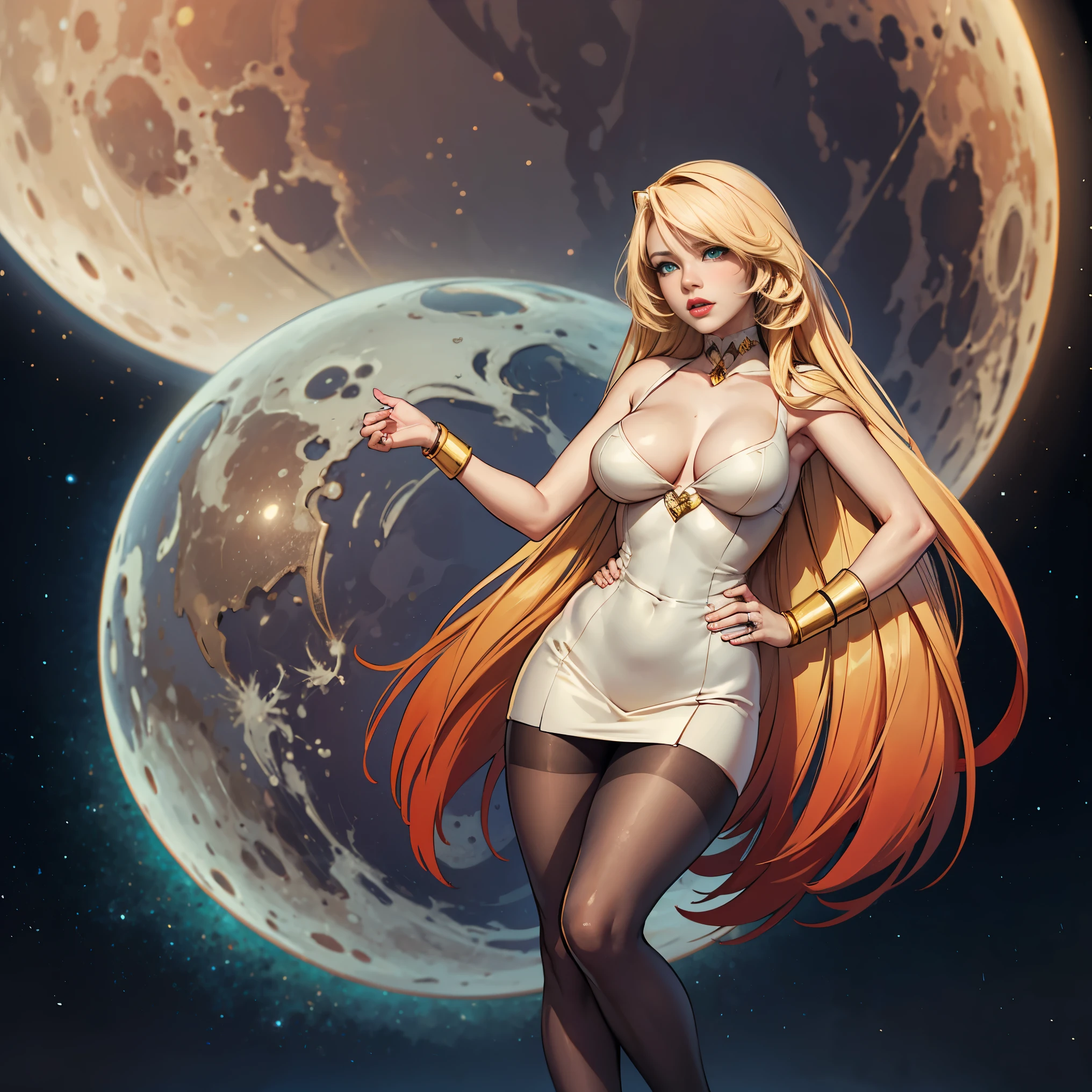 We can see Planet Earth on the sky from the Surface of the Moon. Beautiful nude woman with massive breasts. The breasts are not covered by anything. Red full lips. full body view. Sexy blonde hyper realistic model with well detailed green eyes, thin face. shiny blue stockings. Woman is standing on the moon