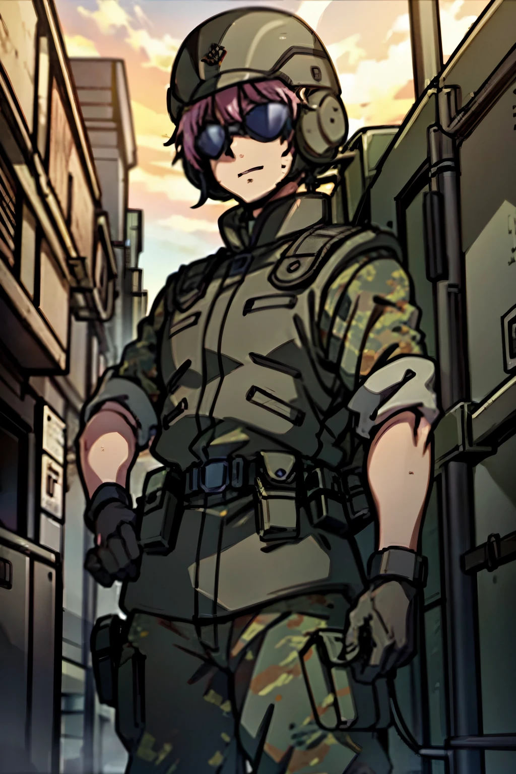 Male commando with very short pale pink hair, wearing dark black military combat gear, sunglasses and tactical helmet, standing outside a barracks