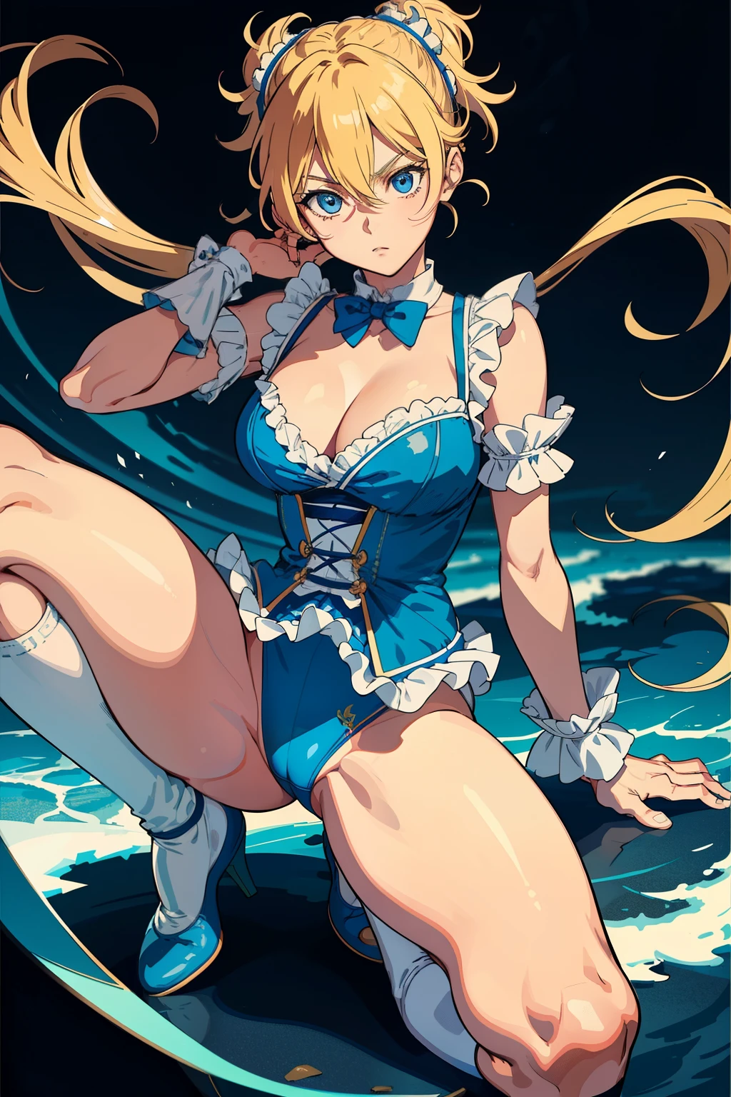 Masterpiece, best quality, (extremely detailed CG illustration in 8k resolution) (top-quality), (best portrayal of Mika's character design from Street Fighter 3 by Akira Toriyama of DBZ)

Mika, solo, full-body, front-view, look-at-viewer, masterpiece, best quality, long, blonde hair with bangs tied in two geometric pigtails, blue eyes,

Mika's attire is a blue and white lace lingerie-like leotard, featuring ruffles around the collar, sleeves, and leg-holes, revealing her athletic build and confidence.