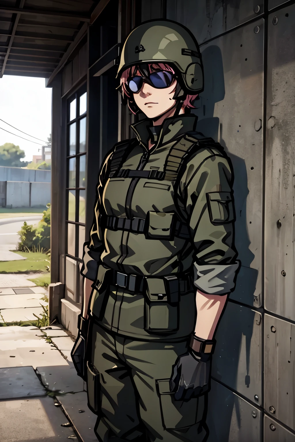 Male commando with very short pale pink hair, wearing dark black military combat gear, sunglasses and tactical helmet, standing outside a barracks