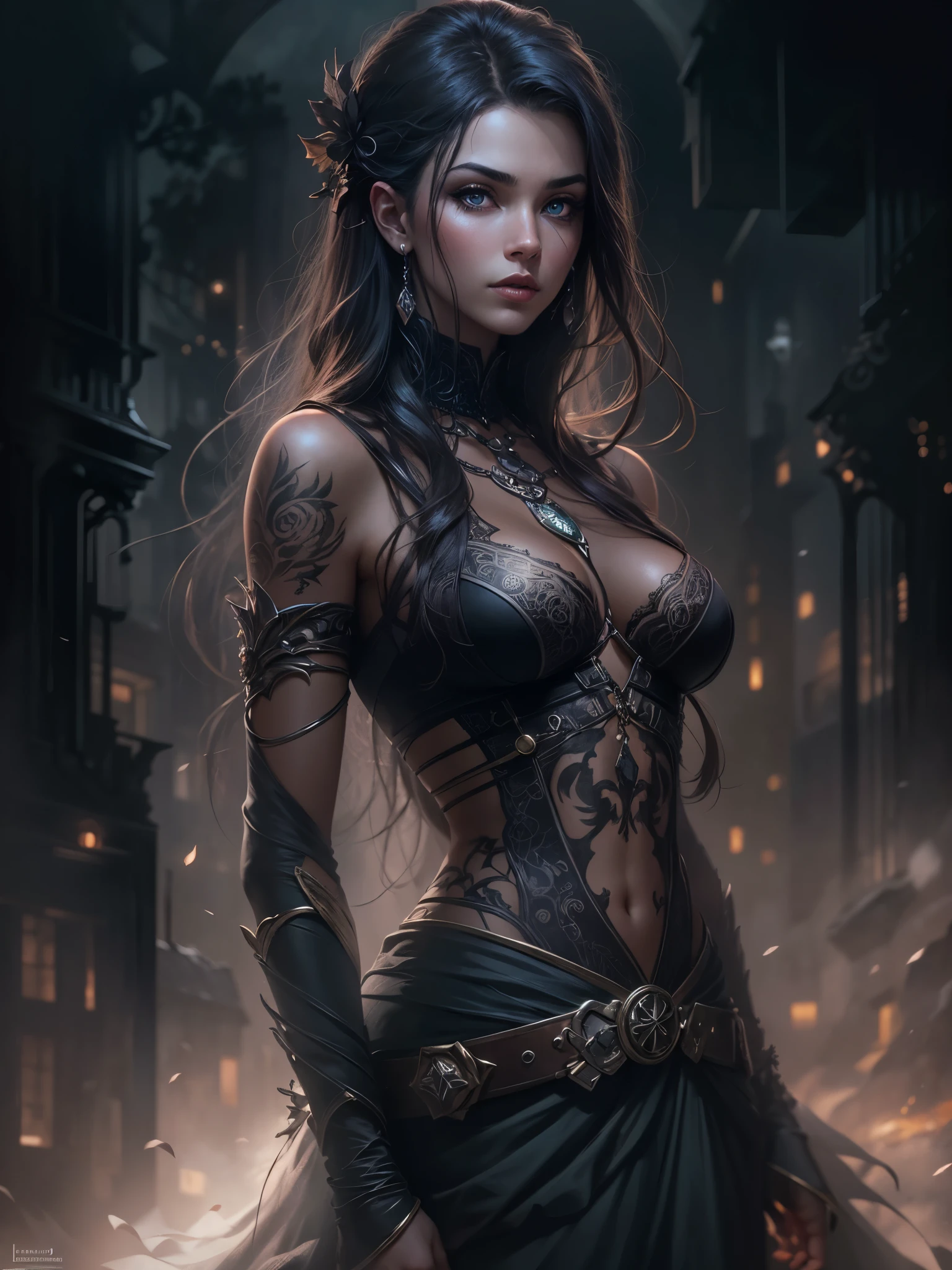 (((close-up shot))), (((nighttime))), (((dark tones))), (((black filter))), (dark outside), Luis Royo-style illustration of a beautiful striking figure, (((slim frame that exudes confidence and resilience))), intricate full sleeve tattoo, 32k resolution, gaze into the camera, white light. masterpiece, best quality, (extremely detailed), close up, ultra wide shot, photorealistic, RAW, fantasy art, dnd art, fantasy art, realistic art