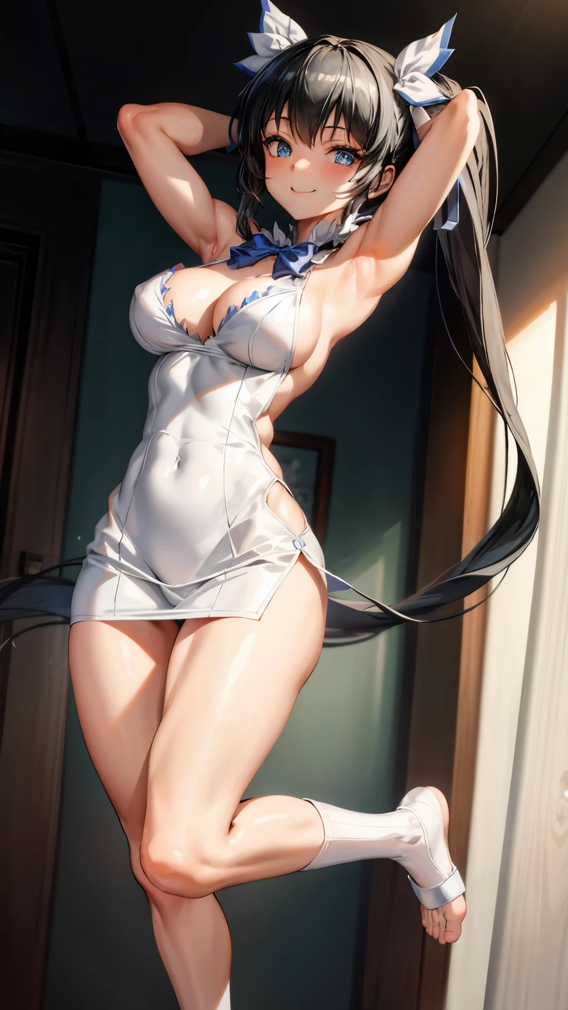 (artwork, best quality, extremely detailed CG, beautiful detailed eyes, ultra-detailed, {{{in the motel room}}}, intricate details: 1,2), 8k wallpaper, elaborate assets, (1 girl , Alone: 1.4), standing, (anime style textures), Very high resolution, (vibrant colors, dynamic lighting: 1.0), (high contrast: 0.8), cookie (Danmachi), breasts, Long hair, blue ribbon, (twintails), gloves, ribbon, dress, king no, lust, big breasts, blue eyes, black hair, (slim), white gloves, cleavage, white dress, hair ribbon, bow, sleeves, sleeves dress, fringe, cropped neckline , hair ornament, bow tie, cut-out clothes, very Long hair, level dressing, arm ribbon, (whole body: 1.1), smile, cute, muscular legs, muscular belly, pants, standing, bare feet