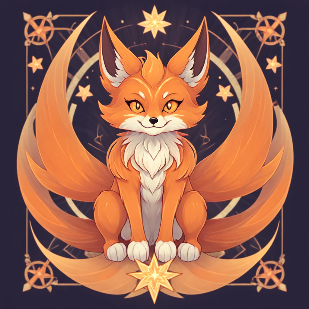 bright orange small fox with curled kitsune tails sending confuse rays from its eyes, in card art style
