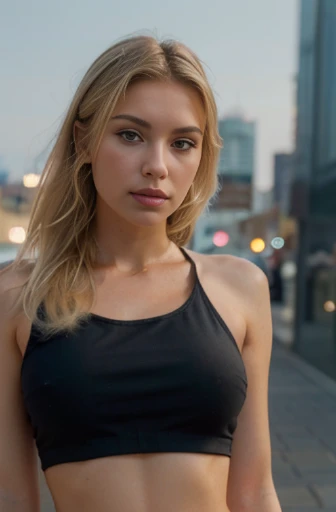 a photo of a blonde woman , black crop top, sexy , city background, bokeh, sharp focus , photo realistic, realism, UHD, (reallistic:1.2), (masterpiece, best quality, high quality, highres), raw photo, bikini, hd, 64K