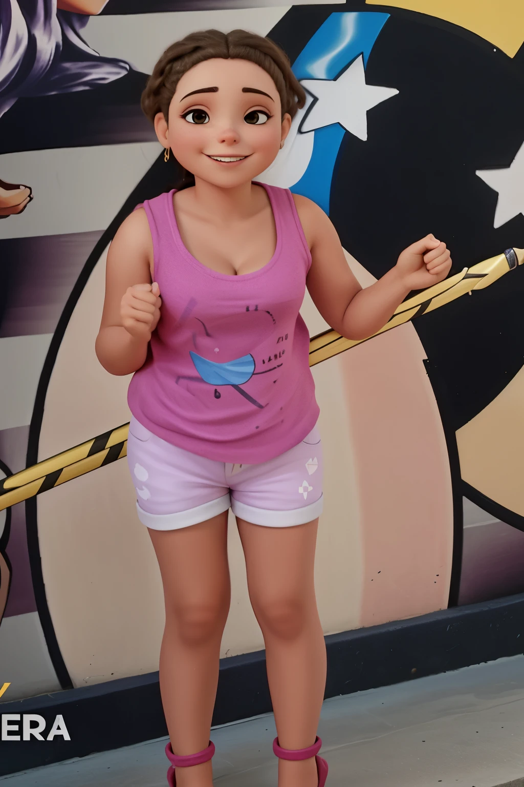  arafada em frente a um mural com uma espada, Hana Alisa Omer, Violeta Myers, she is smiling and excited, lorena avarez, powder Nándor Katona, foto da garota, Andreia Rocha, foto, foto do snapchat, vestida com top e shorts, garota feliz, imagem de qualidade muito baixa, foto de corpo inteiro