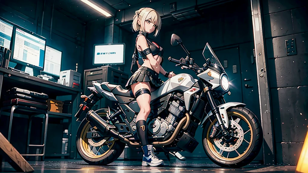 eleven girls in anime style, langes blondes haar, elfen ohren, elfen ohren, spitzen elfen ohren, sweet nose, blaue augen, white mini skirt, knee socks, military sci-fi boots, cyberpunk upper body armor, sniper rifle on the back, Riding on a cyber wolf wearing cyber armor, mit einem wolf, in the desert, schaut in die ferne. 