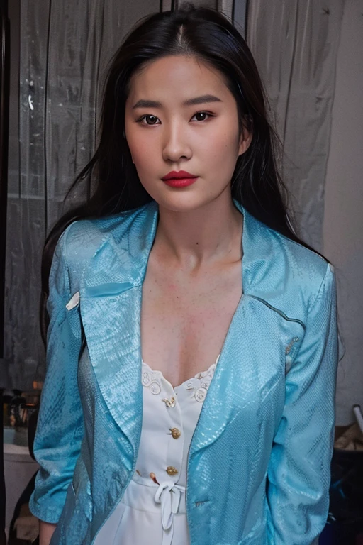 there is a woman in a blue jacket and white top, in a blue qipao, Wearing Blue Cheongsam, wearing blue jacket, wearing a blue jacket, Jen Gee, 派手なwearing a jacket, brown long straight hair、rich bust、Clothes with an open front、asian woman, akiko takase, wearing a blue robe, Chinese female, 3 / 4 View Portrait, wearing a jacket, wearing a light blue suit, blue jacket、((White, clear skin))、red lips、glossy lips、(((silky hair)))
