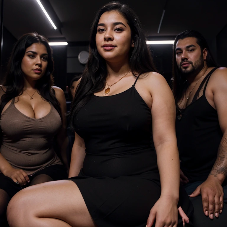 Chubby fat bbw nerdy latina young woman (20 years old), chubby belly, long straight black hair, wearing sexy black dress, Golden necklace,man hugging from behind, ((french kissing)), sitting in dark room sofa,with several tall men, 4 men, in nigth club, dark lights, smiley expression, view from the side