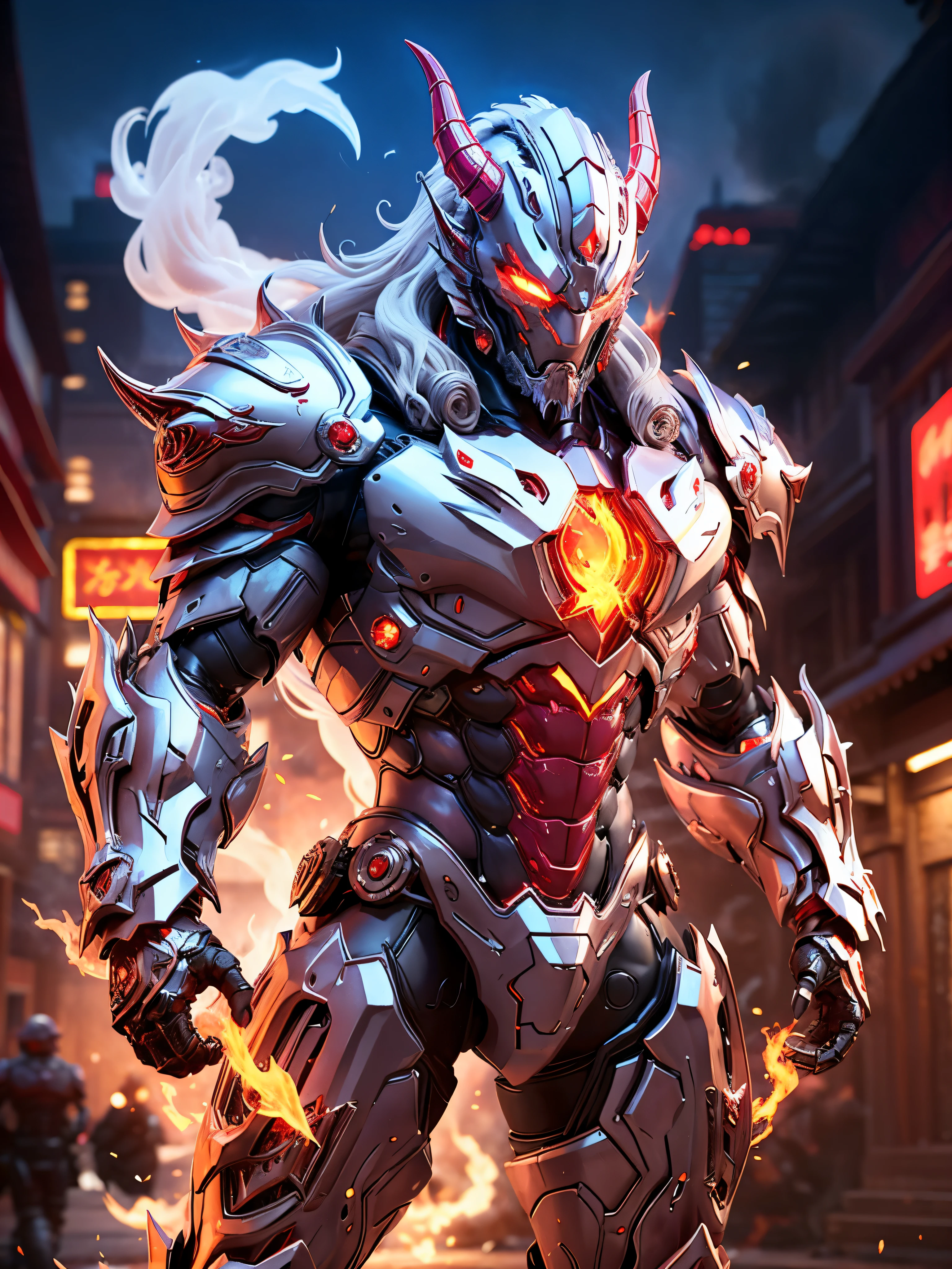 Fire-man superhero, Red:1.5), DRAGON HEAD, HEAVY CRYSTAL Fire-man ARMOR, TRANSPARANT, ABS, colourful smoke around the character