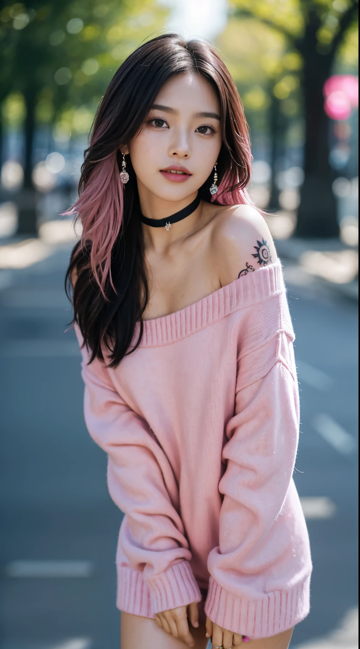 50 years old, gorgeous cute Brazilian girl, smirk, freckles, polaroid photo, (dark skin:1.4), (medium pink long hair:1.4), Top Quality, Masterpiece, Ultra High Resolution, Photorealistic, 1 Girl, Off Shoulder, Knit, Smile, Smile, Slightly Visible, oversized_sweater, Soft Lighting, Detailed Skin, Bangs, Black Hair, Clear Eyes, Short Bob Hair, Transparency, Japan, Korean, Beautiful Woman, Upper Eyes, Lip Gloss, Black Thick Choker, Teardrops, Mole on the Chest, Highlights in the eyes, A woman in a sweatshirt, standing in the snow, with a straight face, close-up, inspired by Cai Xukun, Shin Jinying, Cheng Yanjun, Ruan Jian, Bian Luan, Jia Ruian, Earrings, winner of most beautiful model, famous beautiful model, good young girl, (masterpiece:1.0),(best_quality:1.0), ultra high res,4K,ultra-detailed, photography, 8K, HDR, highres, absurdres:1.2, Kodak portra 400, blurry background, bokeh, lens flare, (skin texture:1.2), (vibrant_color:1.2),professional photograph, (the_tattoo:1.4), (beautiful_face:1.5),(narrow_waist). --v 6