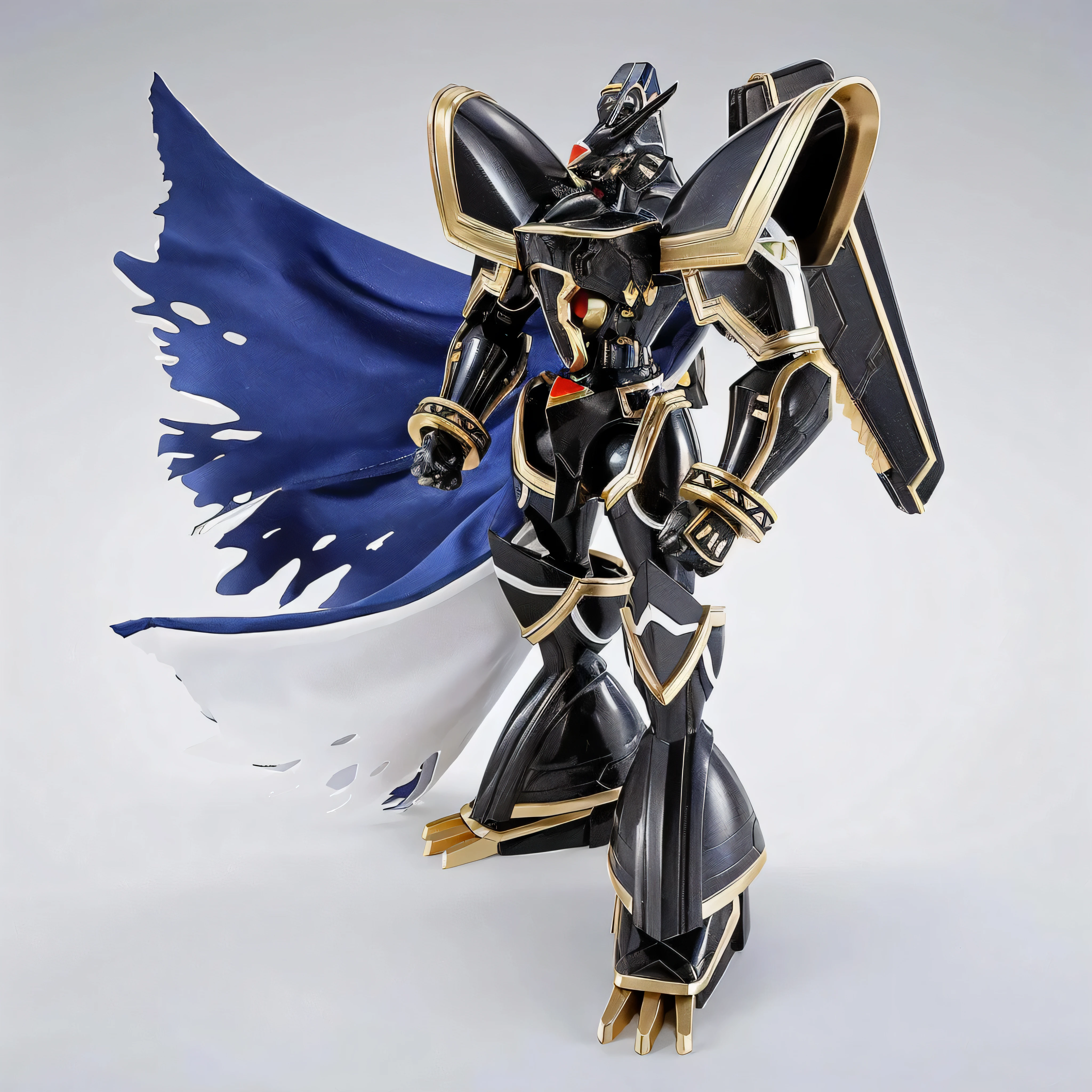 arafed image of a black and gold figure with a blue cape, pop up parade figure, ainz ooal gown, action figure mecha, hyper detailed ultra sharp, anthropomorphic raven knight, ultra mega detailed, mystical anubis valkyrie, sharp sleek edged black armor, black mecha, detailed image, gurren lagan, hyper detailed masterpiece