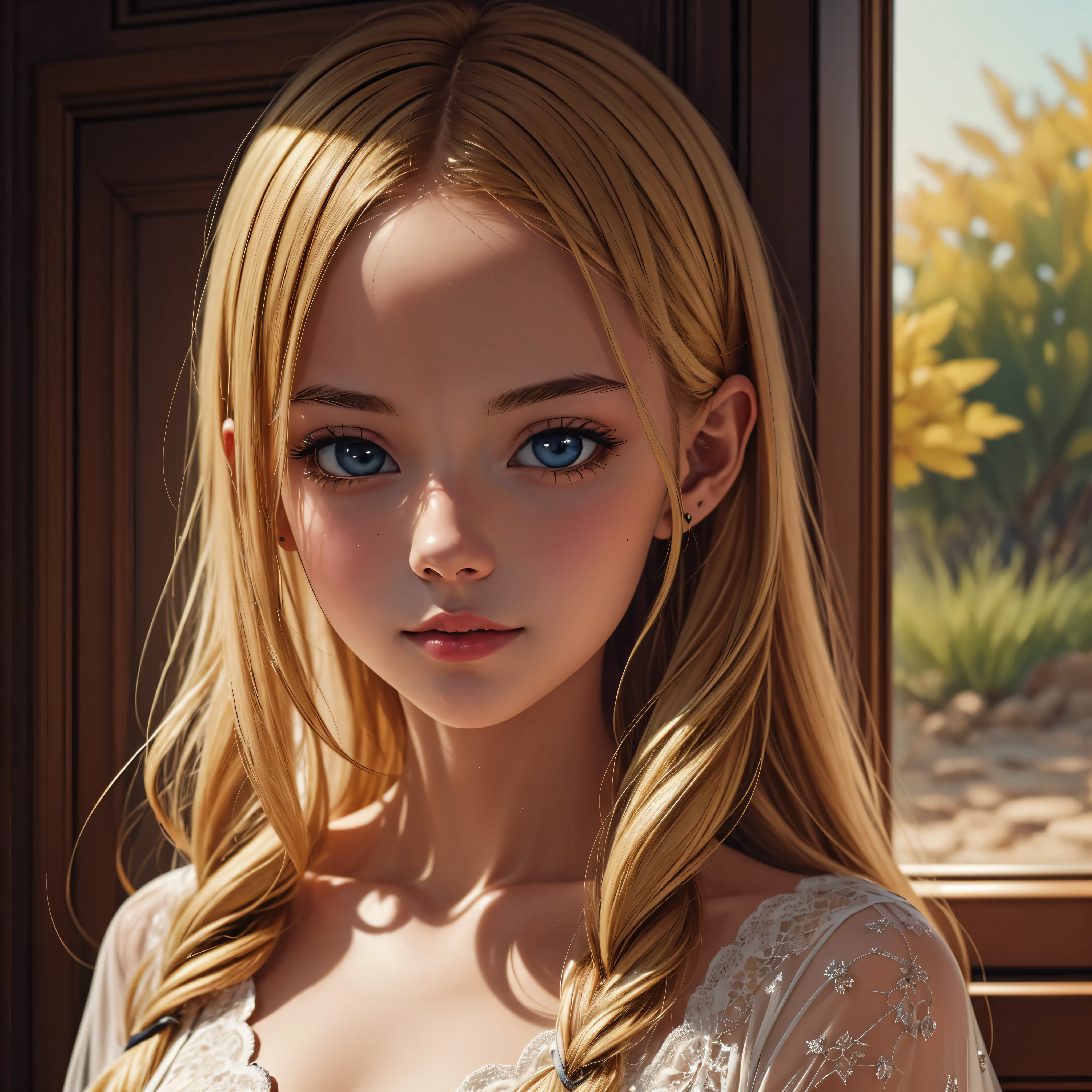((masterpiece, best quality, detailed)), 1girl, colerful lighting, deedlit, elf, Blond long Hair, looking at viewer, cute, Portrait
