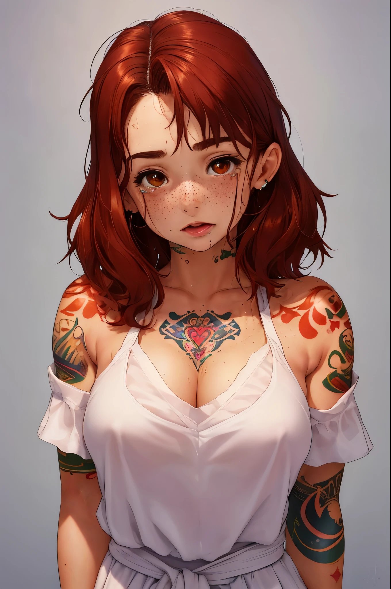 High quality photo, ((waist-length)) portrait, a girl , very gentle, love, tears, round face, snub nose, big Brown eyes, full lips, (((mouth open))), freckles, very large breasts, short red hair, fully grown, colored tattoos on body and face, She is very hot, drops of sweat on her face, diffused light, direct focus