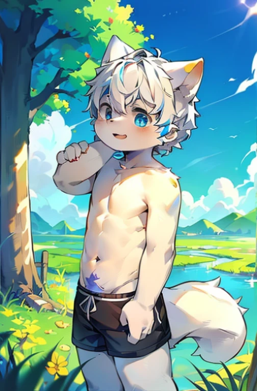 (bright environment:0.8),masterpiece,high quality,abstract research,number\(a work of art\), by dagashi, Yes,Kiyoyama,(Hana charcoalo,fluffy fur,Character focus:1.1),Human male Dag,short hair,portrait , Eyes are bright, panoramic, Character focus.(Flower sea background:0.7), solo, hairy, hairy male,,male focus, stand up,Light blue shorts,shirtless,gray shorts,Handsome,stick out tongue,There is a black cat paw print on the left chest,facing the camera,parallel screen,Hana charcoal,(全身hairy的, hairy的尾巴, Pure white fur,blue eyes, pure white hair,The gray ears are pointed:1.2), (white canines:1.2),(external、clear sky、morning、grassland:1.1)