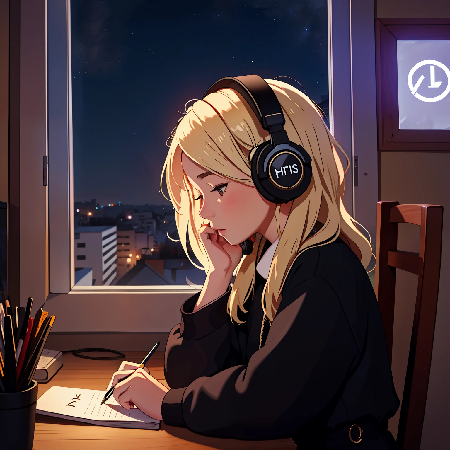 lofistics, 1 girl them, s writing, From the outside, girl with, blond hair, hair length, headphones on head,   window, Ukraine Fund, night、a high resolution