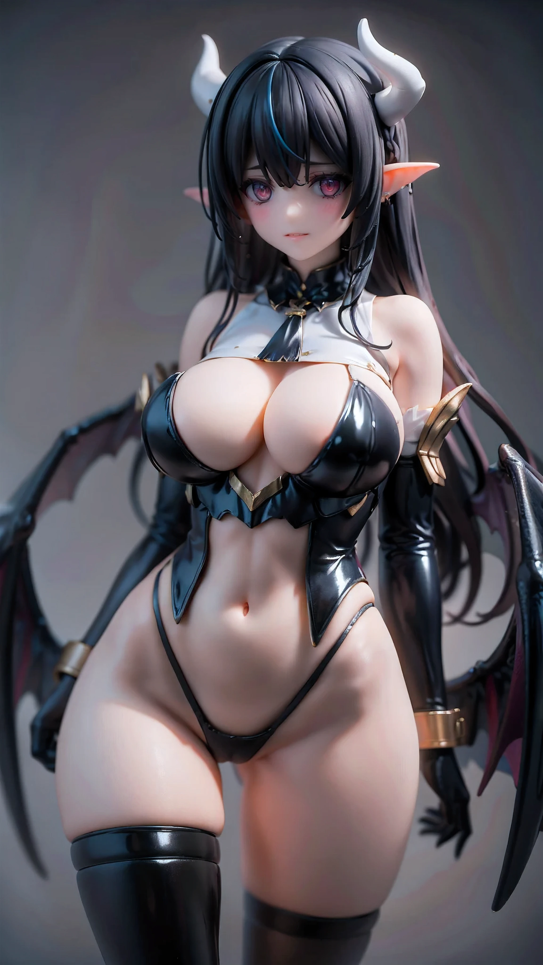 1girl, breasts, solo, horns, long hair, albedo (overlord), wings, large breasts, dress, hip vent, black wings, white gloves, gloves, looking at viewer, black hair, white dress, bare shoulders, hair between eyes, yellow eyes, feathered wings, demon horns, smile, feathers, demon girl, cleavage, slit pupils, detached collar, bangs, very long hair, closed mouth, black feathers, cowboy shot, covered navel, elbow gloves, white horns, standing, demon wings ,