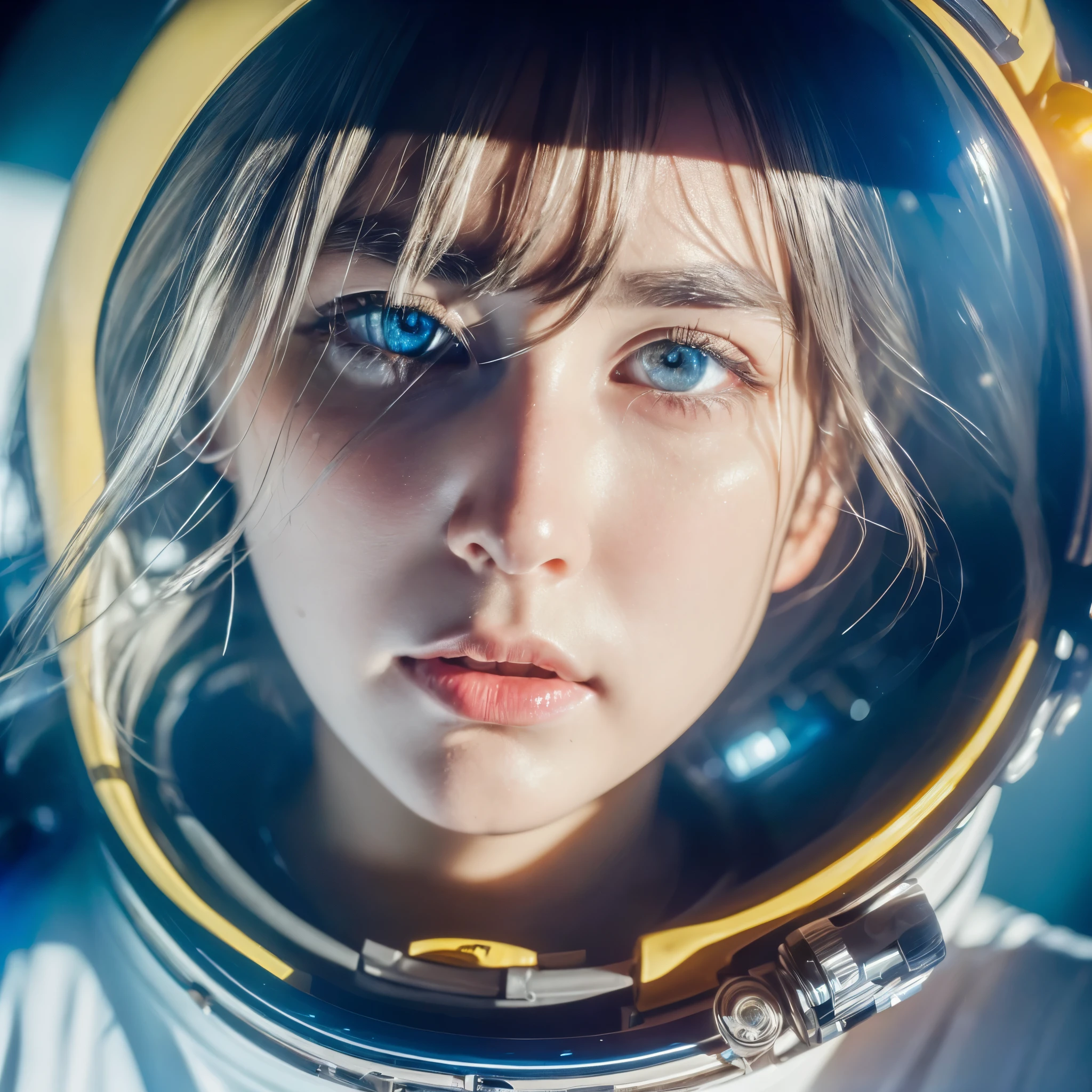 (A better quality masterpiece in close-up:1.5)0.9], (space and astronaut:1.2) (messy silver hair:1.1) (yellow eyes with heterochromia and blue eyes:1.2) (space helmet:1.0) (colored stars in the eyes:1.0) (radiant light:1.1) (big lips:0.9)