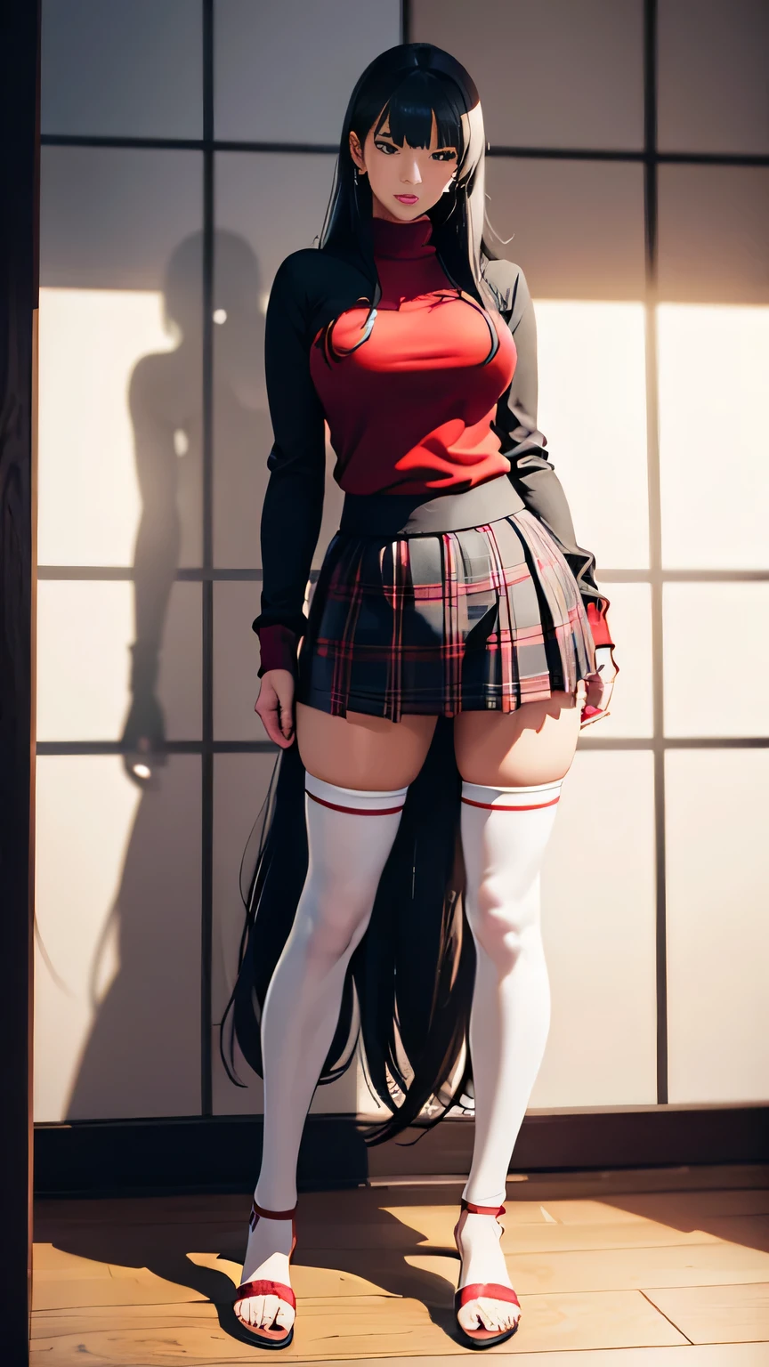 Full body image, Persona 4 Yukiko Amagi, long black hair, narrow face, , Double eyelids, Wearing plaid skirt, red sweater with a shirt under, white sandals, white knee high stockings, Looking at Viewer, (Detailed Face), standing (standing 1.4), Bust, Long Legs, Thin Waist, Buttocks, Ultra Fine Makeup, ultra fine clothes, beautiful attractive woman, highly detailed, (Realistic lighting, Top Quality, 8K, Masterpiece: 1.3)),(High Resolution), (8K), (Very Detailed), (Best Quality), (Ultra Detailed), (Masterpiece), ultra high resolution, (photorealism: 1.4)