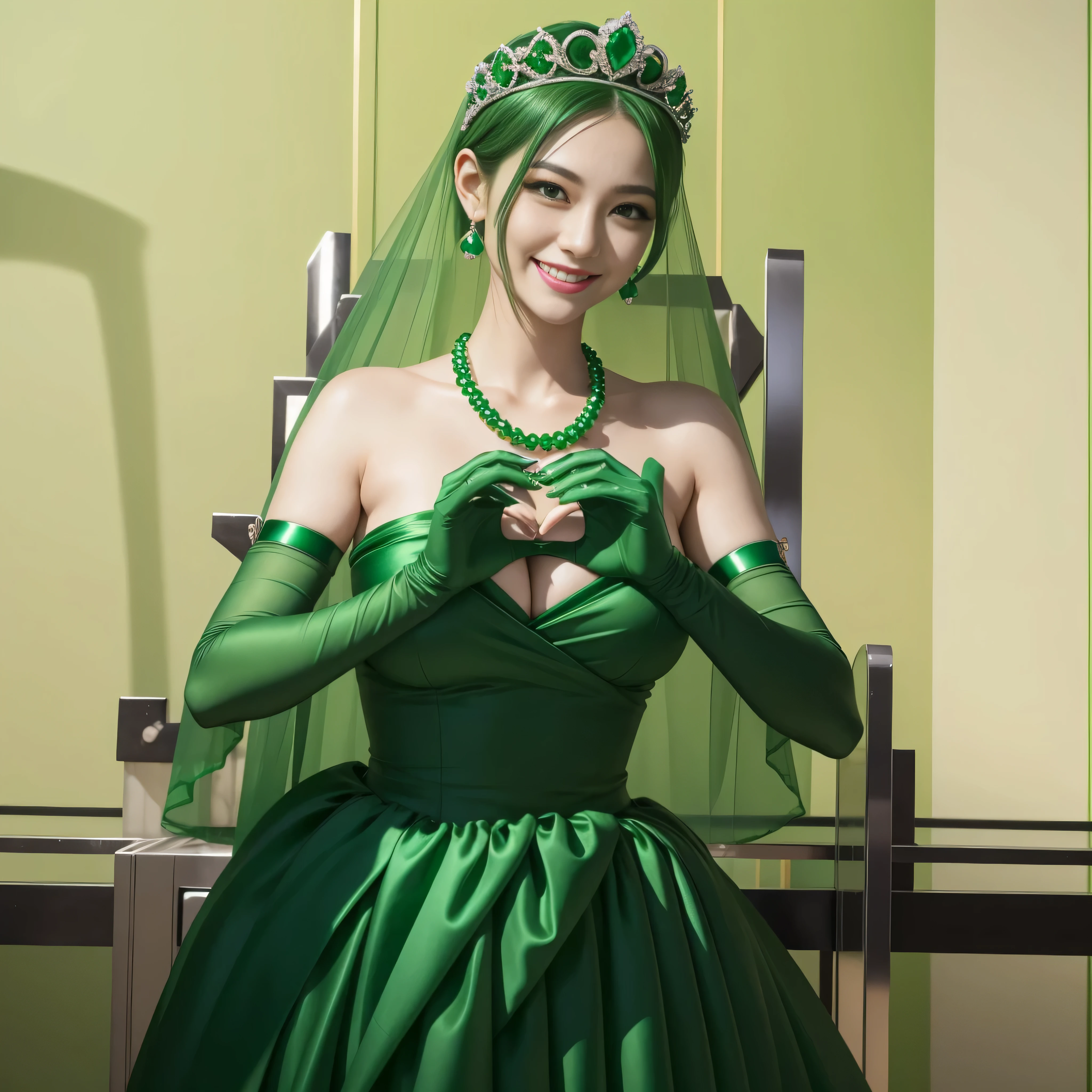 emerald tiara, green pearl necklace, ボーイッシュな非常に短いgreen hair, lipstick, smiling Japanese woman, very short hair,  Beauty with large breasts, green eyes, Long Green Satin Gloves, green eyes, emerald earrings, green veil, heart with both hands, green hair, 30 generations