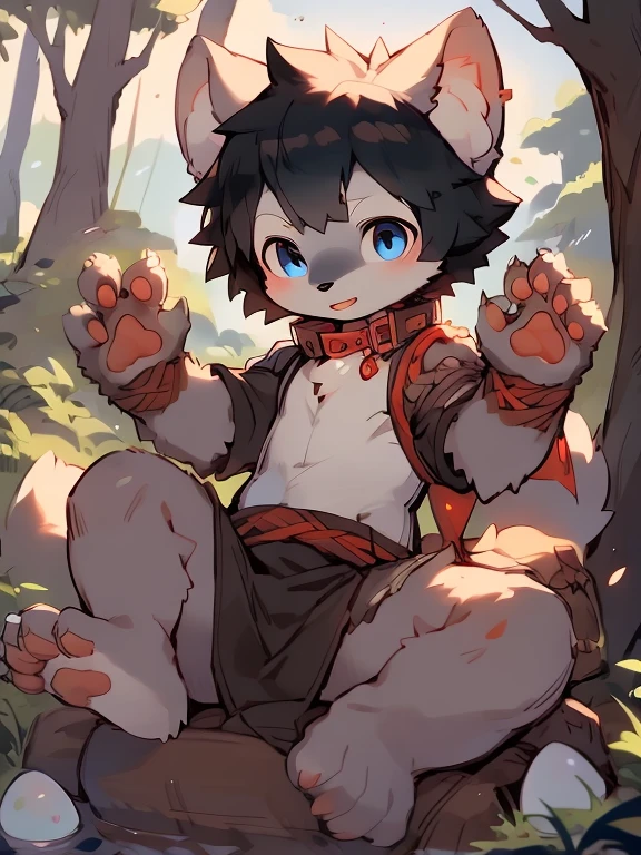 Male, Libido boy，((Best quality)), ((Masterpiece)), (Detailed),Handsome, Detailed eyes, 1 Wolf male, Golden fur, Blue eyes, (Orange nose), clawed paws, White feet, 4 Toes, ((1male people)),Male, (Solo:1.3), canine feet, (lines of movement:1.1),loincloth , Black hair, Single fluffy tail, (Young male wolf:1.0), absurd res,  ((opening legs,Hands tied to a tree，putting hand up)),(In front of the tree),(by puinkey,by Artista:1.2),(by unrealplace,by kuroisumi,by milkytiger1145,by moki,by emolga 1,by ovopack:1.2),(by cydonia xia:0.8),(by Pino Daeni:0.8),(by hioshiru:0.8),(by chunie:0.8).