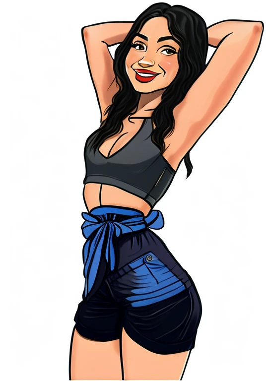 desenho de uma mulher com uma blusa preta e shorts pretos, Pose(Arms up + feliz), with Arms up, character is in her natural Pose, mulher morena fada alongamento, t Pose,  apta, avatar da parte superior do corpo, mulher em forma, hands behind her body Pose!, frontal Pose, standing athletic Pose, arms raised, cel sombreado vetor, triumphant Pose, arms outstretched