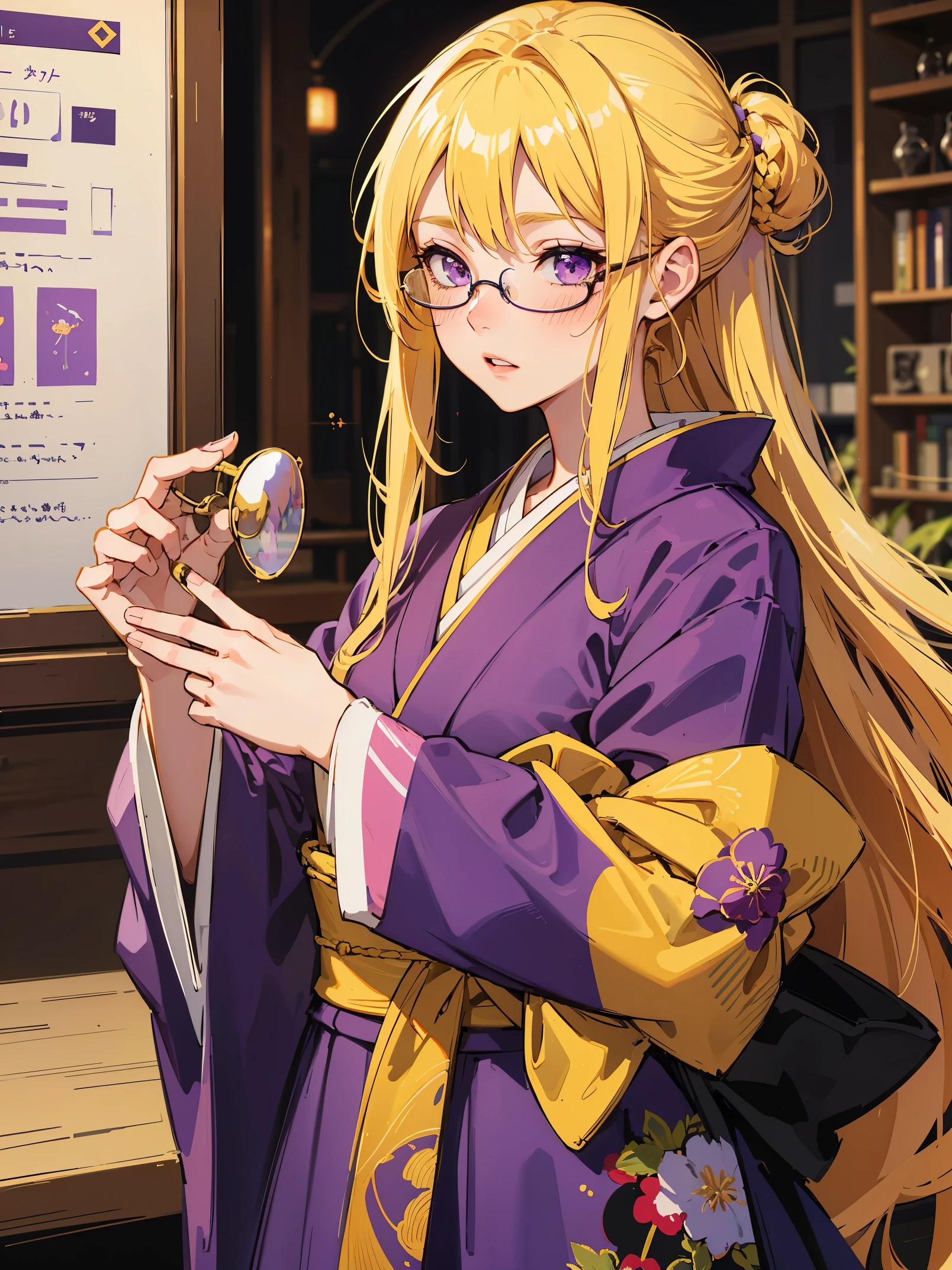 1girl, yellow hair, long hair, blonde hair, purple eyes, parted lips, blush, eyeglasses, purple kimono,