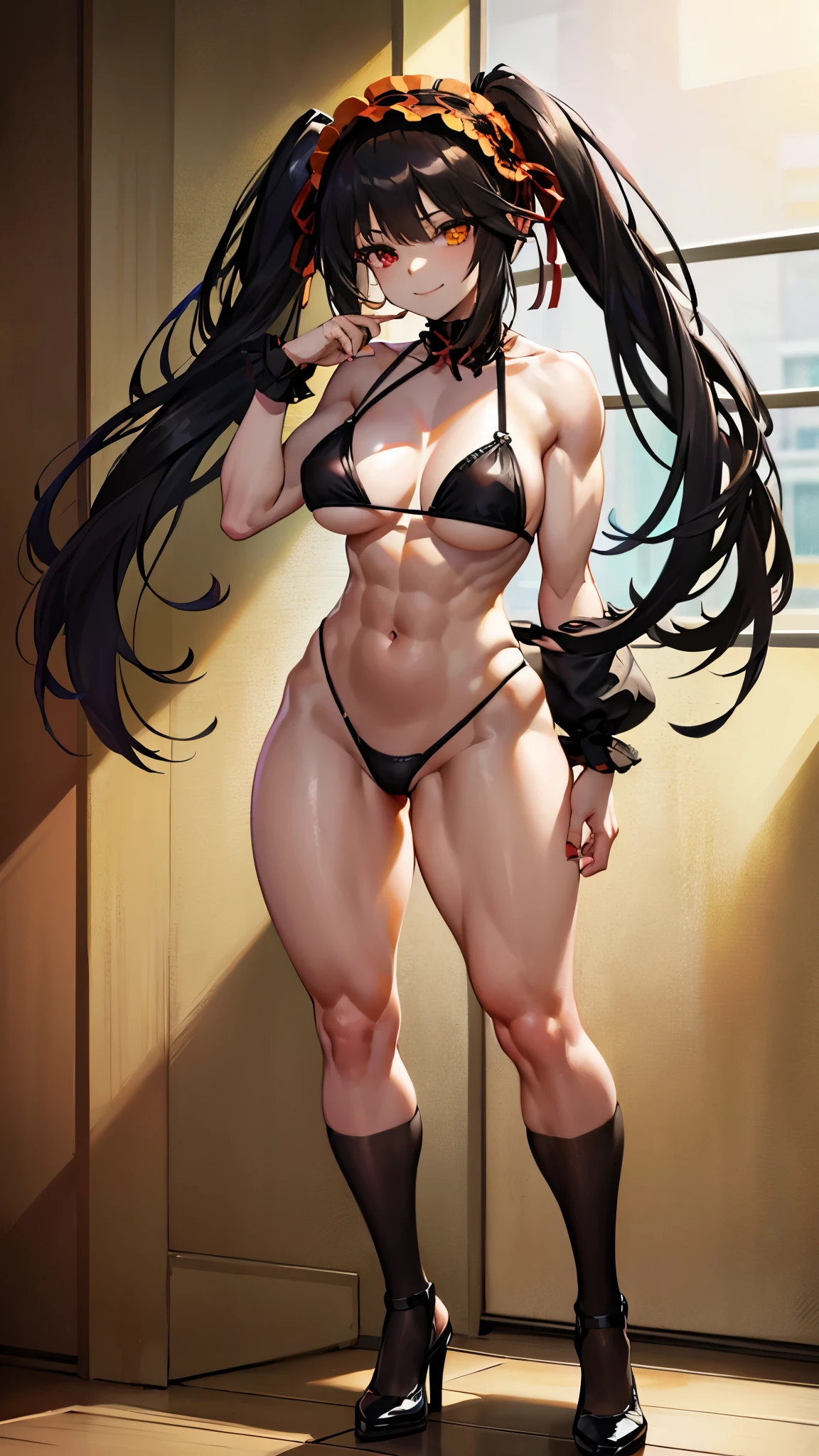 1 girl, bare shoulders, black hair, medium breasts, (muscular legs), bare legs, muscular belly, wide hips, thin waist, (((clock eyes))), (wearing a very short and sexy bikini), finger to the mouth, ( ((in the motel room))), full body, headband, (with her back to me showing me her big ass), (standing), heterochromia, index finger raised, black high heel shoes, lolita hair band, long hair, Looking at the Viewer, red eyes, smiling, Lonely, symbol-shaped pupils, (Kurumi tokisaki), (twintails), yellow eyes,