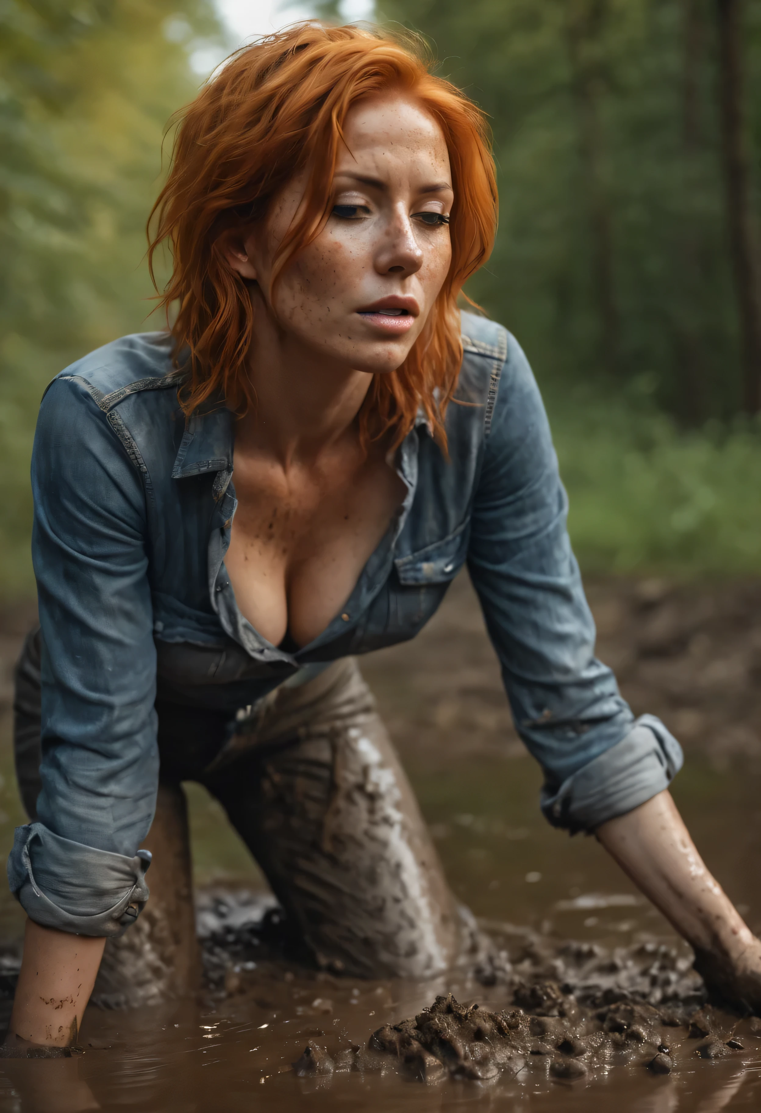 masterpiece:1.2, epic illustration:1.3, ultra-realistic photography of short orange-haired hot orgasmic woman 40 years old in jeans and blouse, indulging in shameful fetish with desperation and ecstasy,(sexy teasing herself:1.2) in mud bath, full body, stoic cinematic 4k epic detailed 4k epic detailed photograph shot on kodak detailed bokeh cinematic, detailed face with freckles, natural skin texture, forest