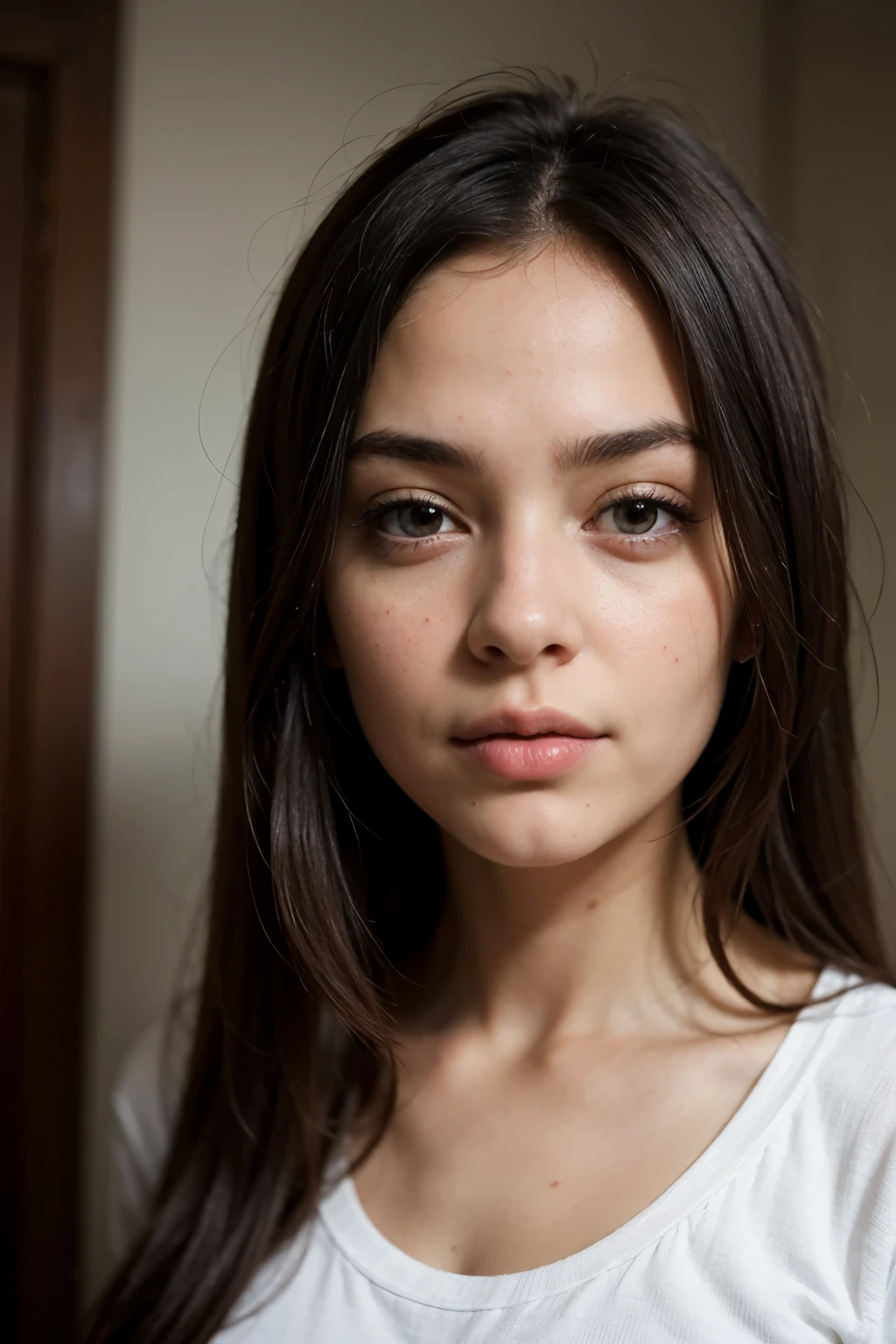 ((best quality)), ((masterpiece)), (detailed), detalled face, girl looking at someone, highly detailed, highly detailed skin, white skin, black eyes,girl in a bedroom, casual oufit, straight hair