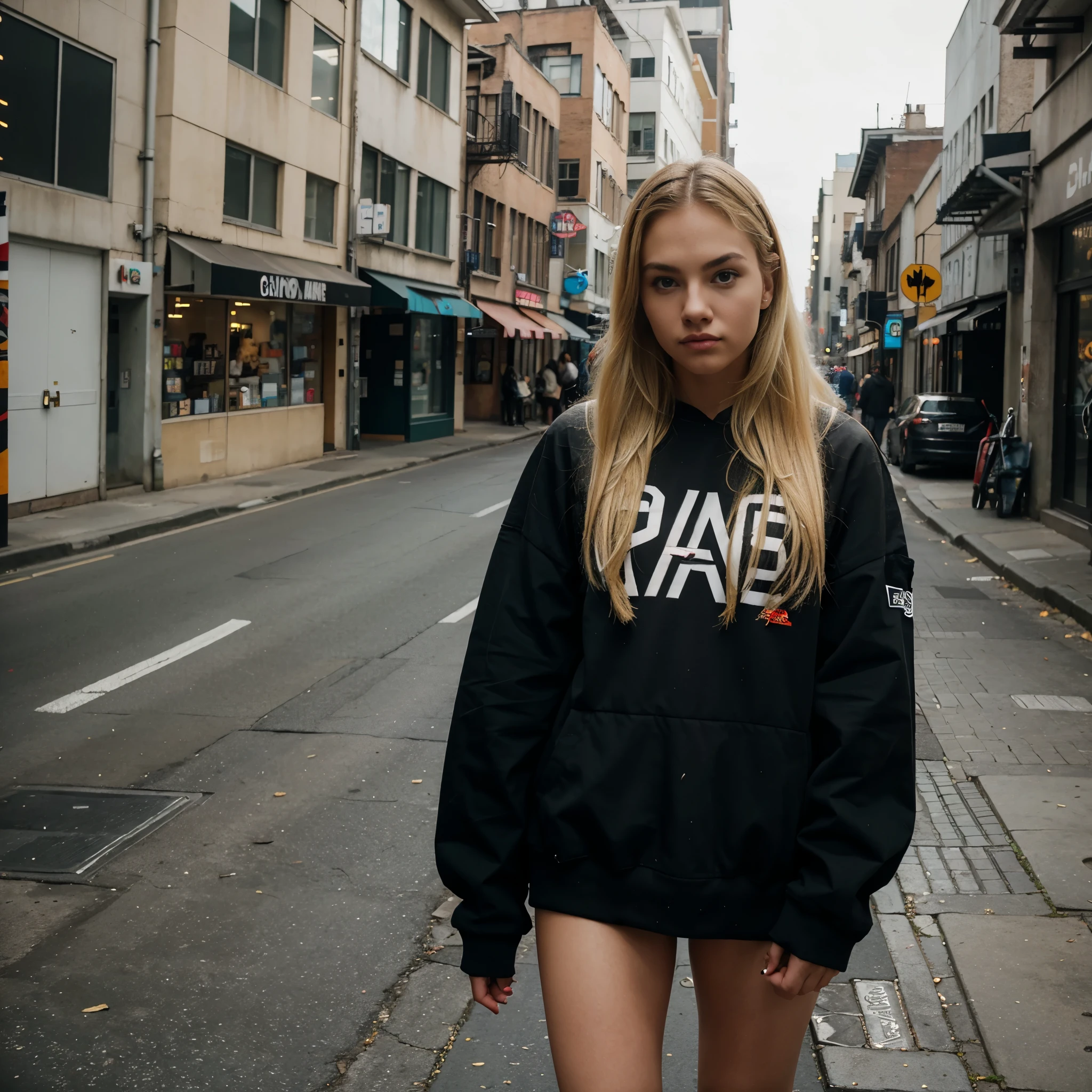 Row photo,blonde girl,hype beast,street wear ,high quality image