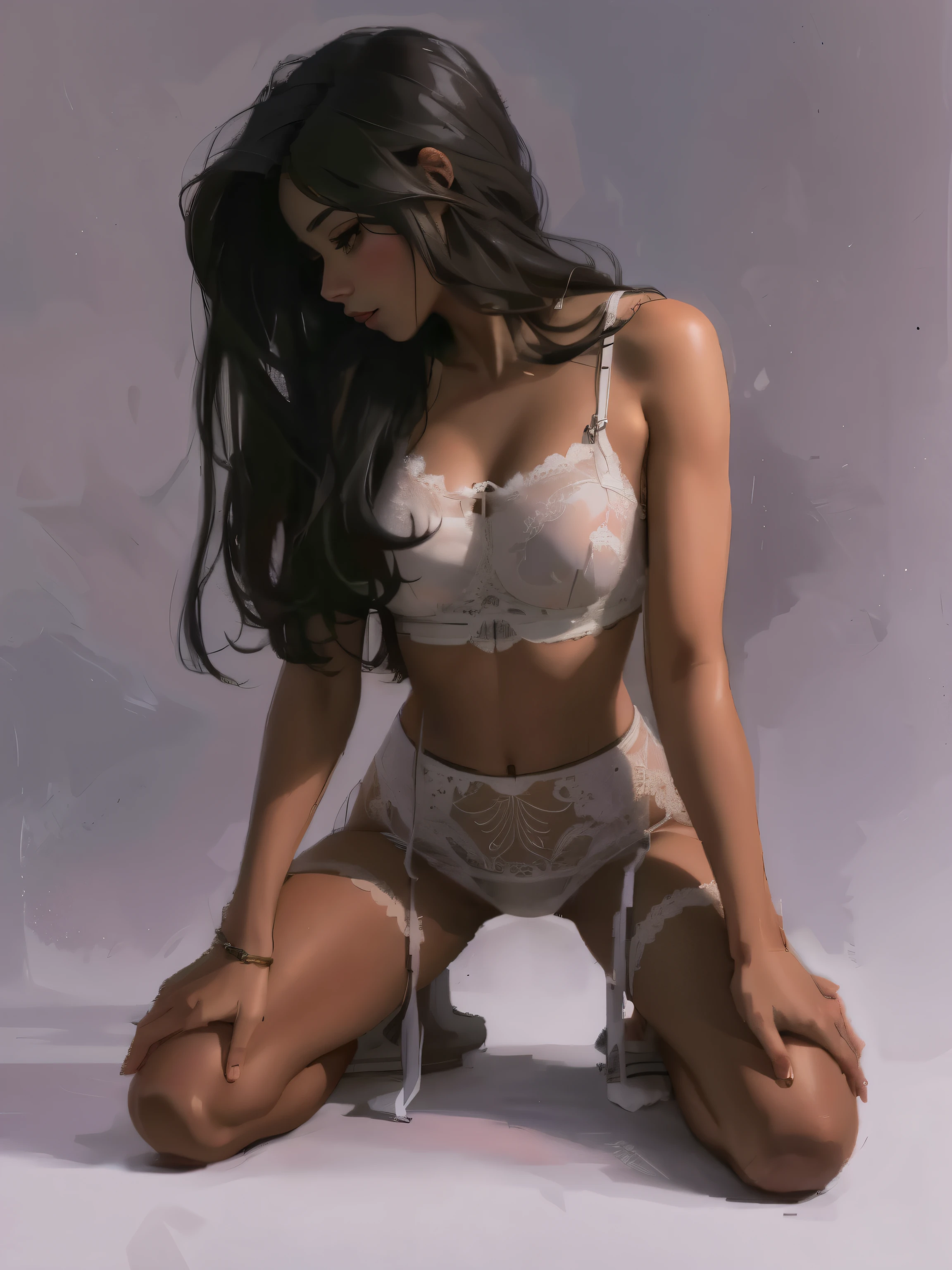 Arafed woman in lingerie sitting on the floor with legs crossed., Tithi Luadthong, Ross Tran 8K, Lois Rossdraw, obra de arte al estilo de guweiz, chica sexy, por Yang J.., guweiz, Al estilo de WLOP, seductor. muy detallado, hermosa figura, al estilo de ross tran, por Oliver Sin