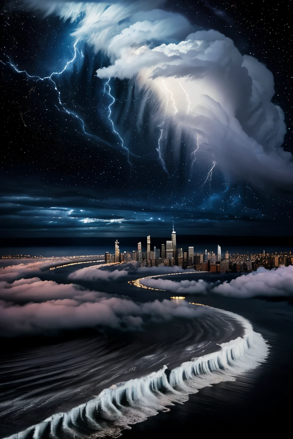 A breakdown of global weather patterns allows chaos theory to manifest in reality. Tidal waves and a mega tornado hit the New York skyline. Complex mathematics compute and display the intricate and highly detailed scenario. Storm lighting and biblical clouds add to the impending Armageddon.